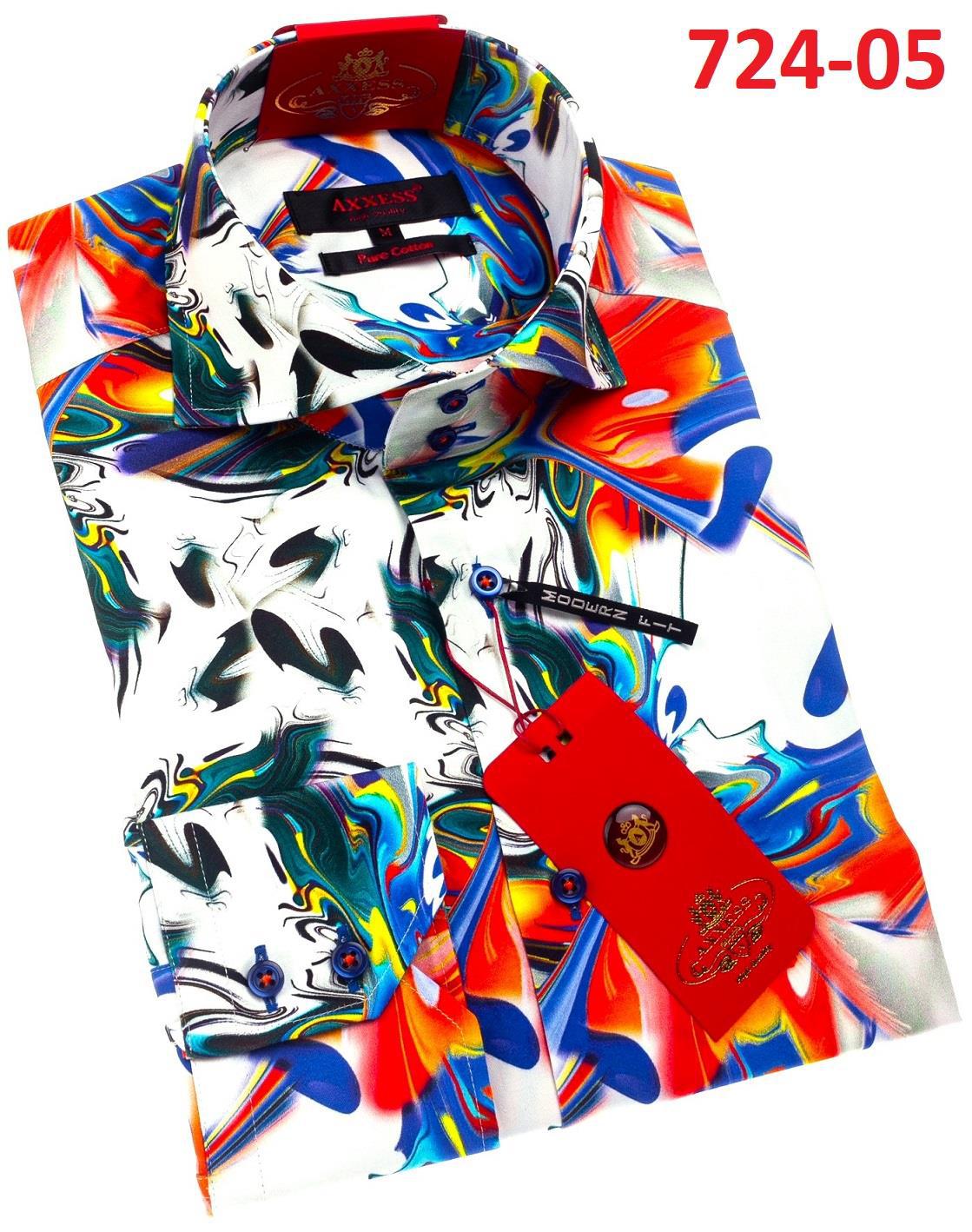 The Axxess Modern Fit Shirt 724-05, with its vibrant colors and abstract pattern, includes a tag displaying the shirt code 724-05 in bold red text.