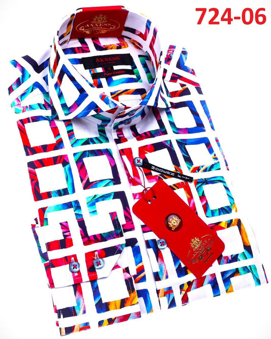 The Axxess Modern Fit Shirt 724-06, by the brand Axxess, is a vibrant dress shirt featuring colorful geometric patterns with squares and abstract designs, complete with tags attached.