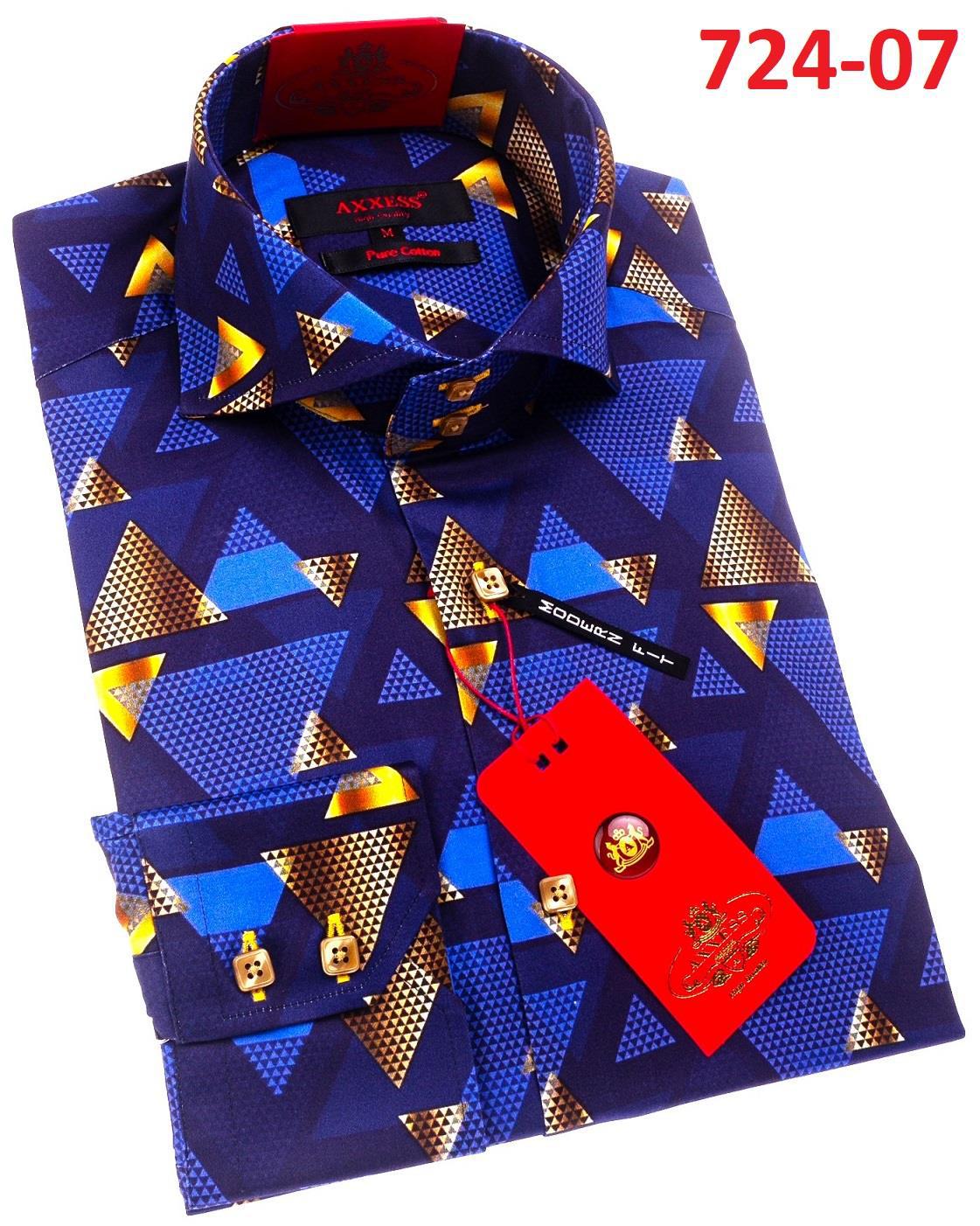 The Axxess Modern Fit Shirt 724-07 features a folded geometric-patterned blue design, highlighted by eye-catching contrasting buttons and sleek red and gold tags.