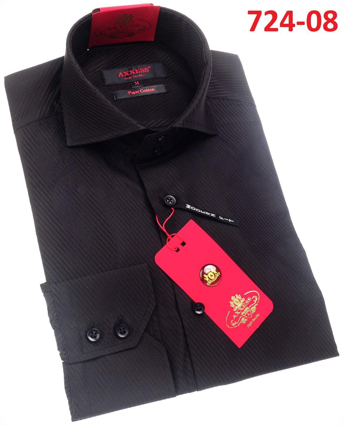 Elegantly placed on top is a folded black Axxess Modern Fit Shirt 724-08, featuring red tags and prominently displaying the numbers "724-08" in the upper right corner.