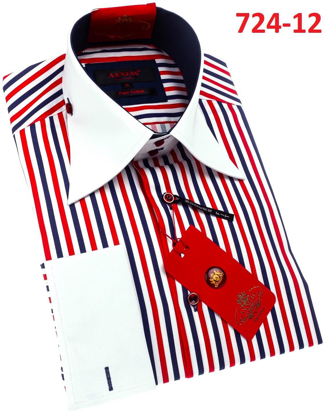 The Axxess Modern Fit Shirt 724-12, by Axxess, is a dress shirt with red, white, and blue vertical stripes complemented by a white collar and cuffs. It features a distinct red tag located on the top right corner.