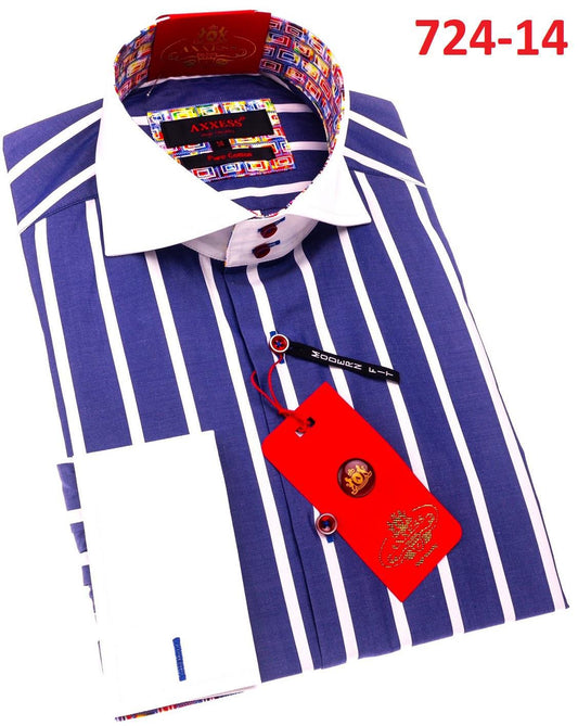 Folded Axxess Modern Fit Shirt 724-14 with blue and white stripes featuring a contrasting white collar, highlighted by red tags, and set against a white background.