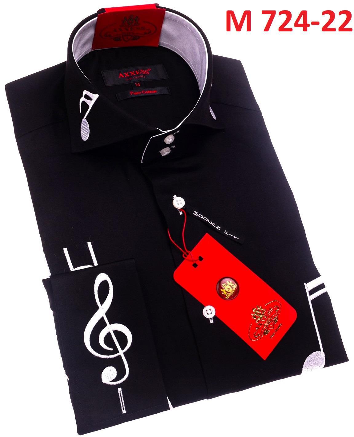 The Axxess Modern Fit Shirt 724-22 is a stylish black dress shirt featuring musical note embroidery and white accents. It comes neatly folded with a red tag attached, bearing the product number "M 724-22" in the corner, making it perfect for any fashionable occasion.