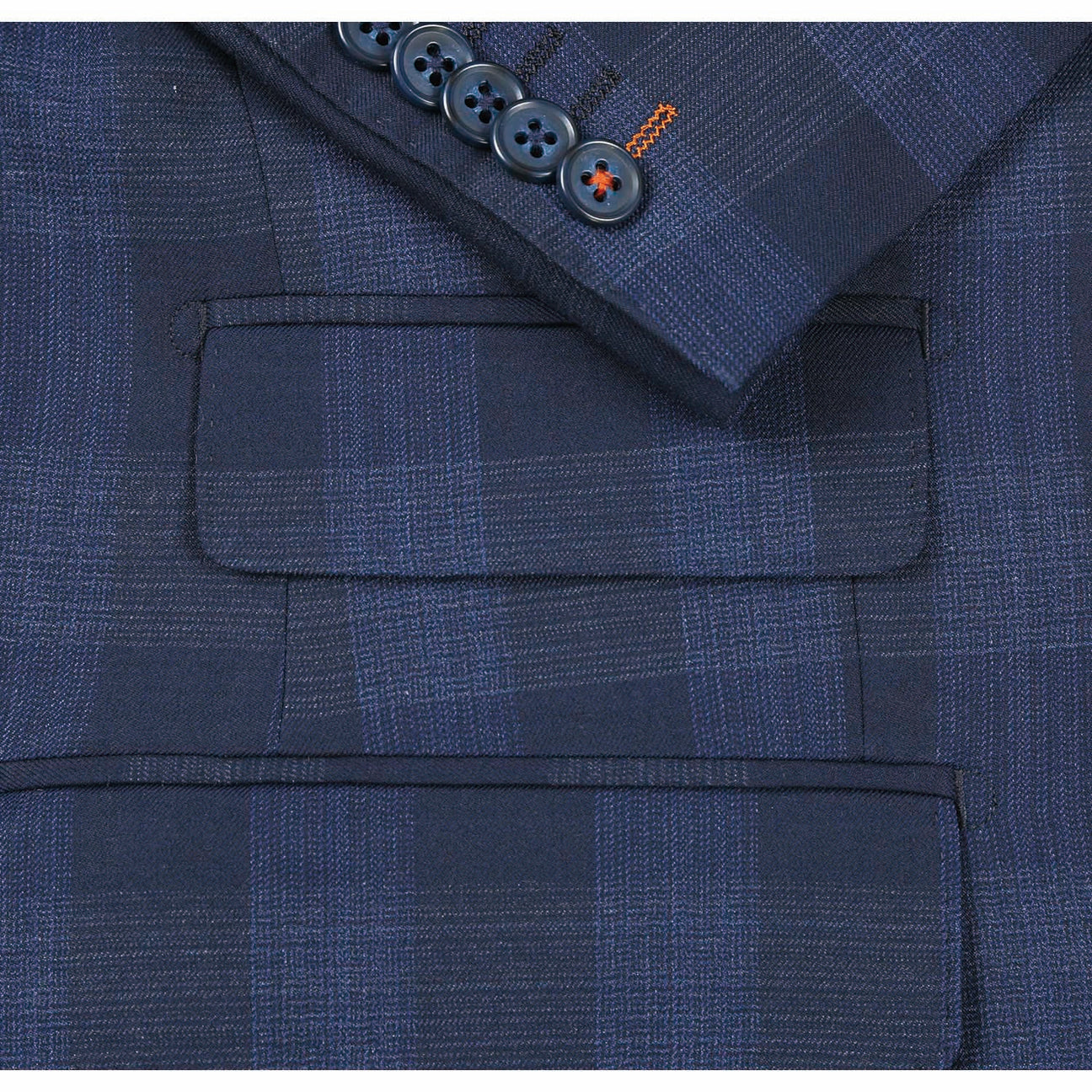 The ENGLISH LAUNDRY Navy Wool Suit EL82-65-410 by English Laundry features a navy plaid slim fit jacket with peak lapels and two buttons, crafted from a wool polyester blend, displayed on a mannequin with a white dress shirt and an orange patterned tie.