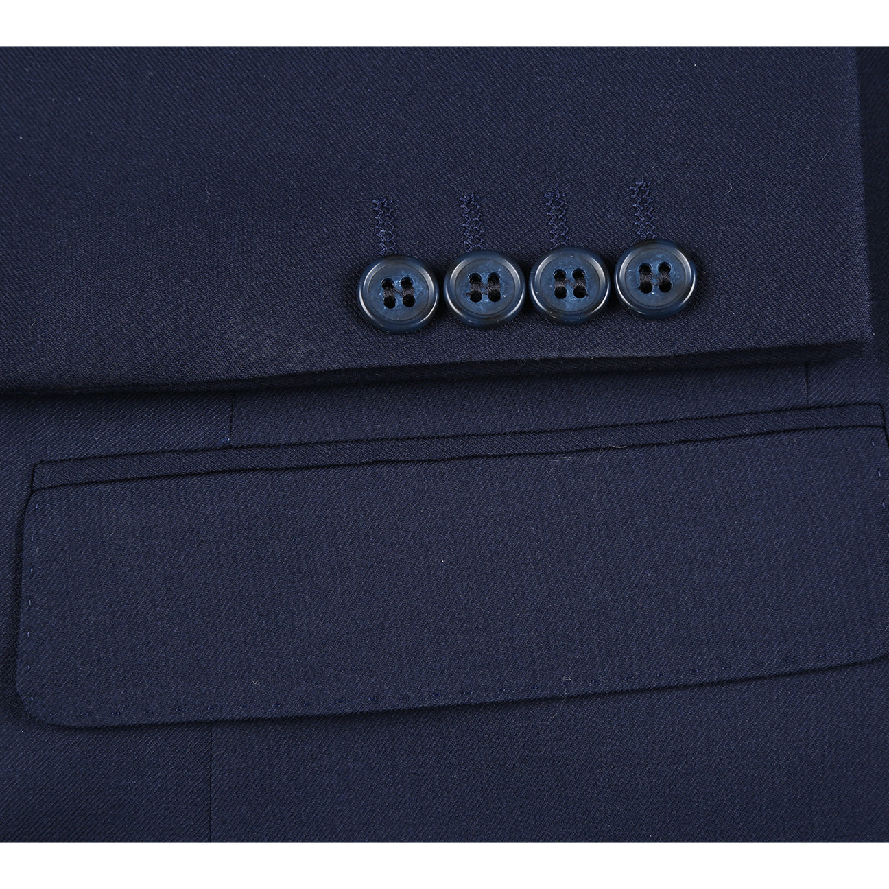 Introducing the RIVELINO Modern Fit Navy Half-Canvas Suit RHC100-2 by Rivelino, a sleek dark blue single-breasted jacket with two buttons. This stylish piece is crafted from a luxurious blend of wool spandex fabric and features a smooth light gray lining.