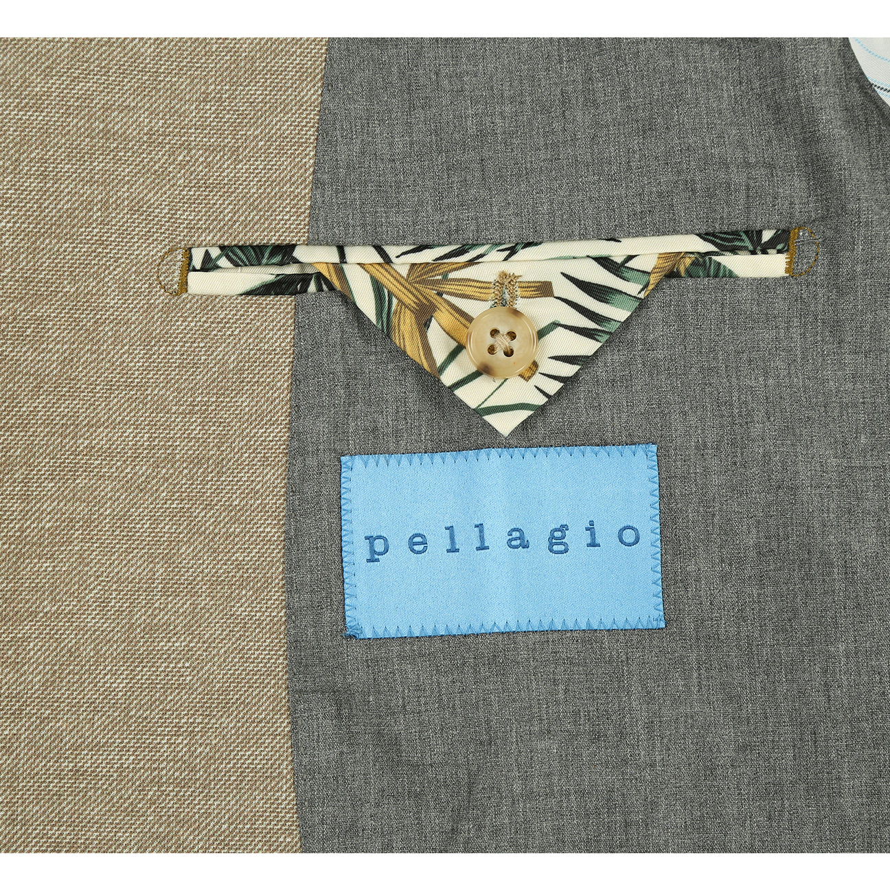 A slim fit, single-breasted Pellagio Beige Men's Half Canvas Blazer PS24-1 paired with a white dress shirt and an orange patterned tie. A pocket square is neatly tucked in the left breast pocket, highlighting its refined half canvas construction.