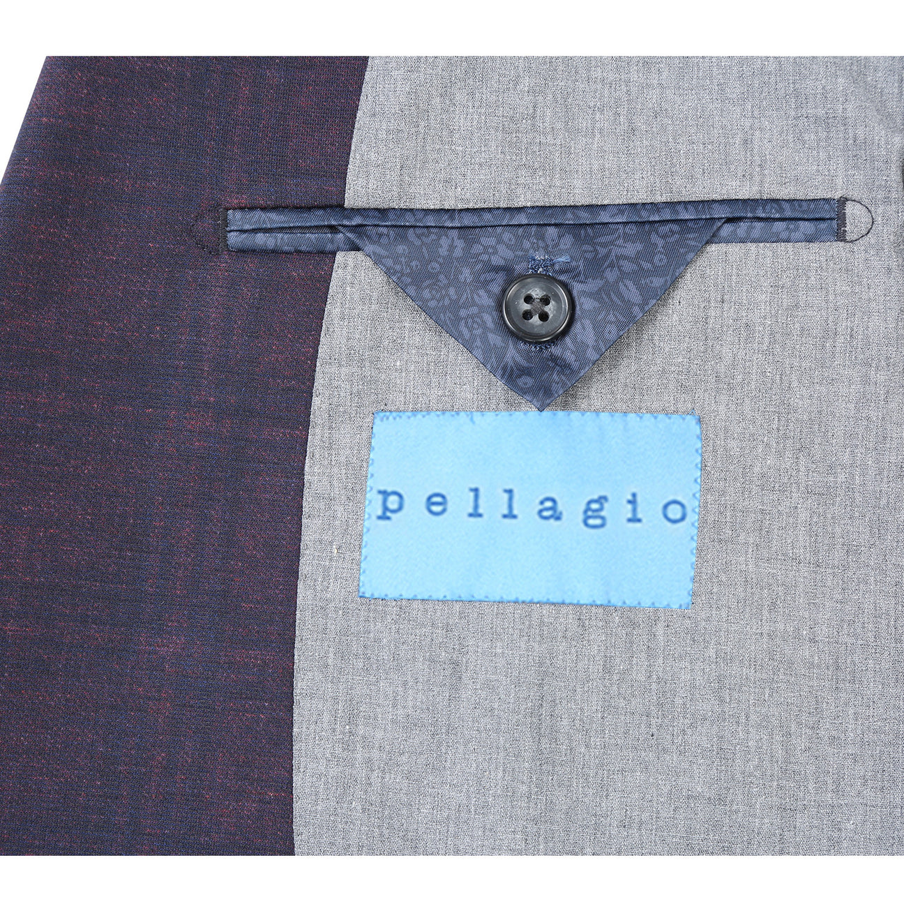 Displayed on a mannequin, the Pellagio Men's Half Canvas Gray Blue Blazer PF23-9 showcases a white shirt, light blue striped tie, and pocket square. With its slim fit and notched lapel, this stylish blazer from Pellagio is a sophisticated choice.