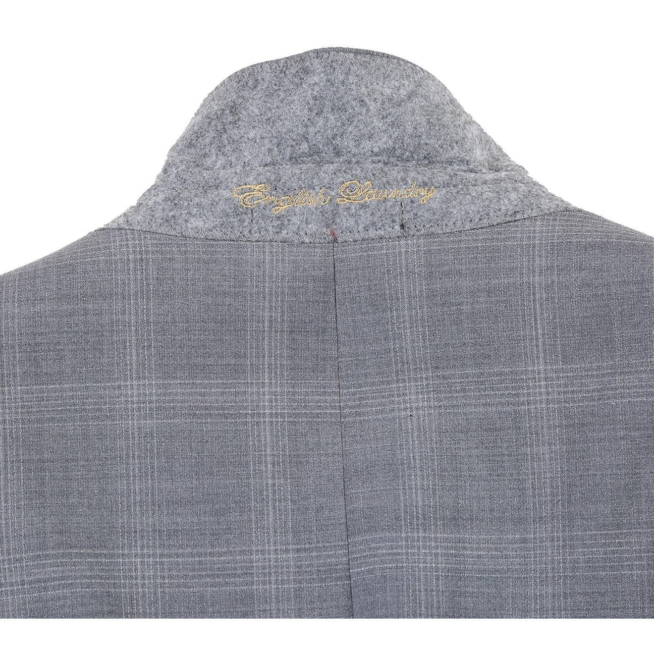 The ENGLISH LAUNDRY Light Gray Window Pane Check Wool Suit, model EL72-62-092 by English Laundry, is displayed on a mannequin with peak lapels, accompanied by a sharp white shirt and a vibrant orange patterned tie.