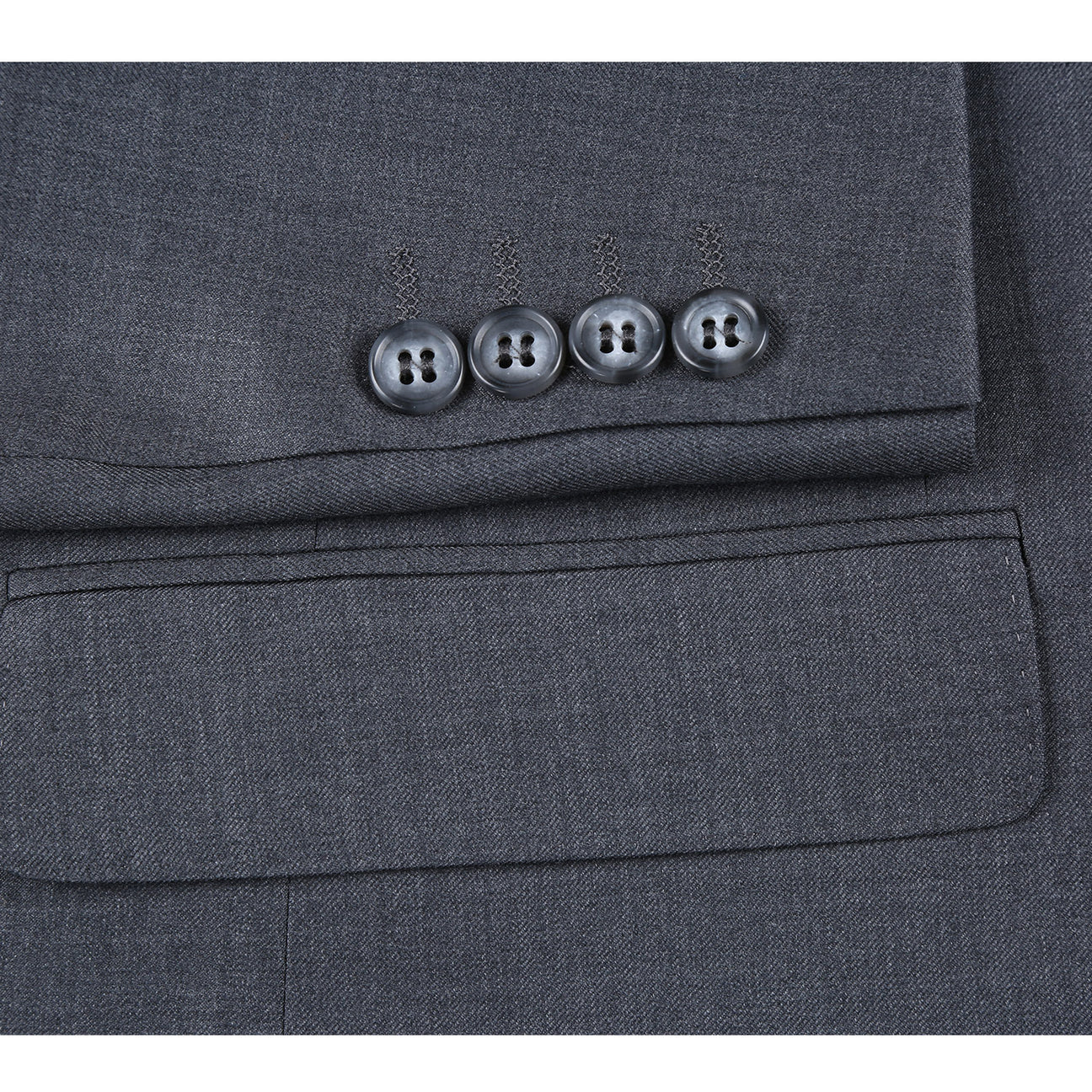 The RIVELINO Classic Fit Gray Half-Canvas Suit RHC100-4 by Rivelino is elegantly showcased on a mannequin, paired with a white dress shirt and a blue striped tie.