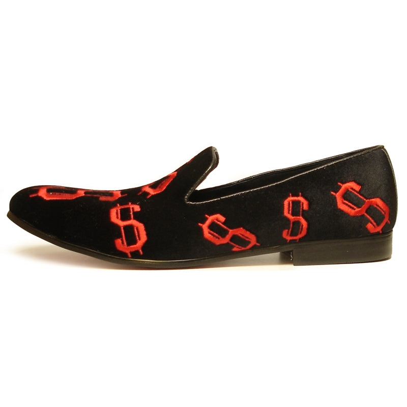 The FI-7062 Black Red Fiesso by Aurelio Garcia loafer, from the brand Fiesso, is crafted in black velvet with red dollar sign patterns. It boasts a cushioned insole and a flat sole for ultimate comfort.