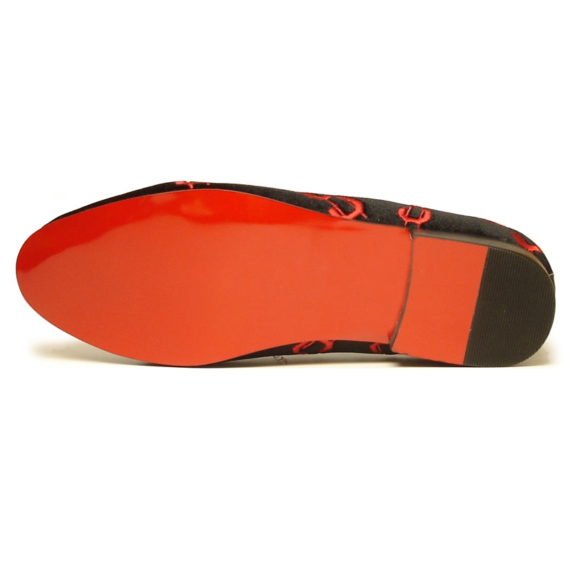 The FI-7062 Black Red Fiesso by Aurelio Garcia loafer, from the brand Fiesso, is crafted in black velvet with red dollar sign patterns. It boasts a cushioned insole and a flat sole for ultimate comfort.