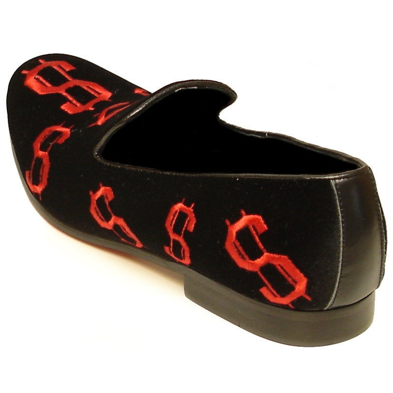 The FI-7062 Black Red Fiesso by Aurelio Garcia loafer, from the brand Fiesso, is crafted in black velvet with red dollar sign patterns. It boasts a cushioned insole and a flat sole for ultimate comfort.