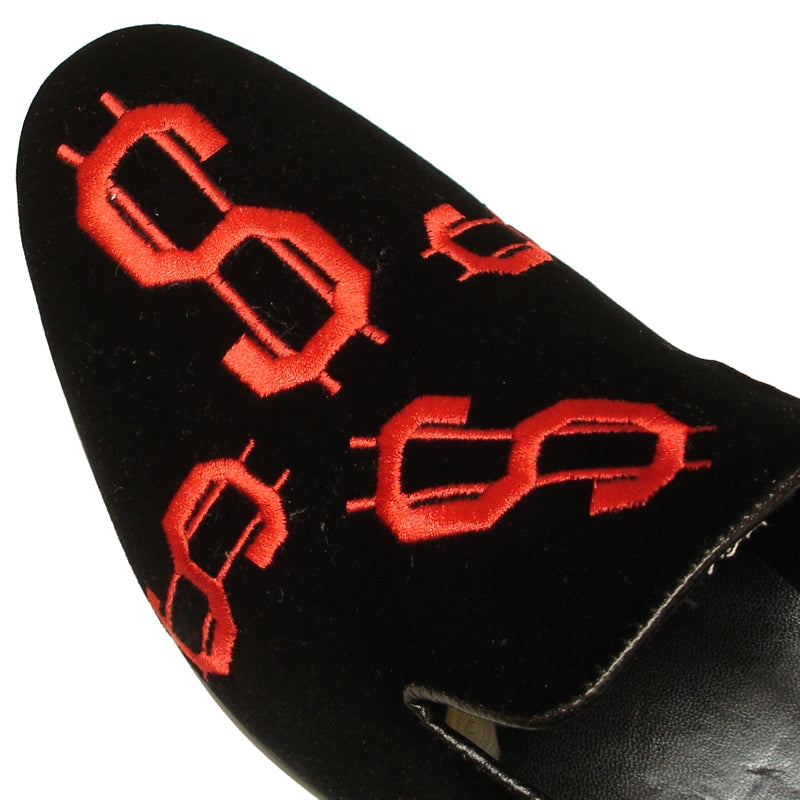 The FI-7062 Black Red Fiesso by Aurelio Garcia loafer, from the brand Fiesso, is crafted in black velvet with red dollar sign patterns. It boasts a cushioned insole and a flat sole for ultimate comfort.