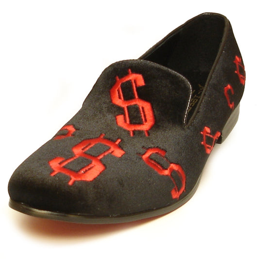 The FI-7062 Black Red Fiesso by Aurelio Garcia loafer, from the brand Fiesso, is crafted in black velvet with red dollar sign patterns. It boasts a cushioned insole and a flat sole for ultimate comfort.