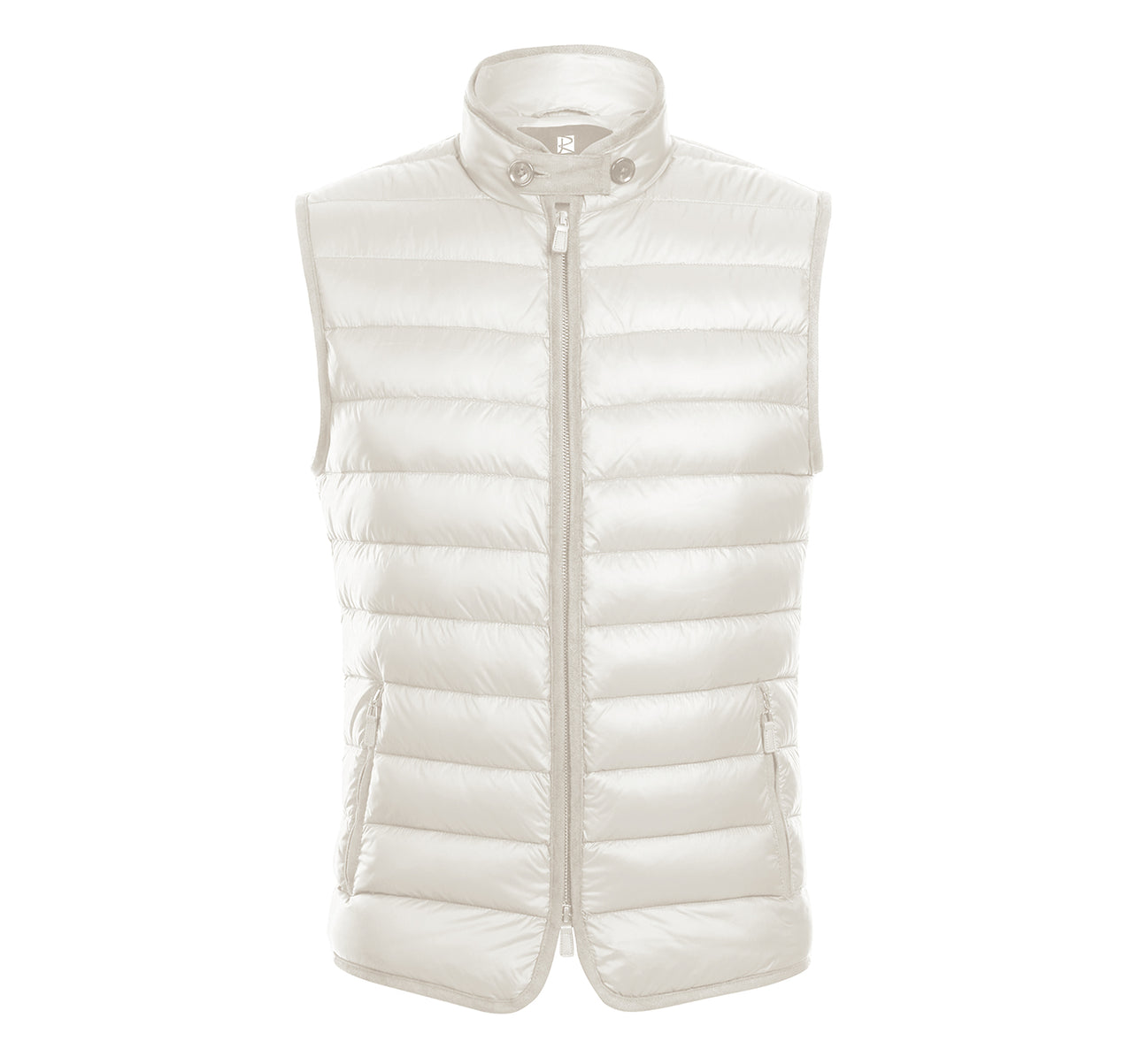 Enjoy the crisp winter days with the Alessandro Vitello by Renoir Jonathan Nylon Down Ivory Vest 831-1. This sleeveless vest from the Renoir brand features a high collar and front zipper, crafted in light beige nylon.