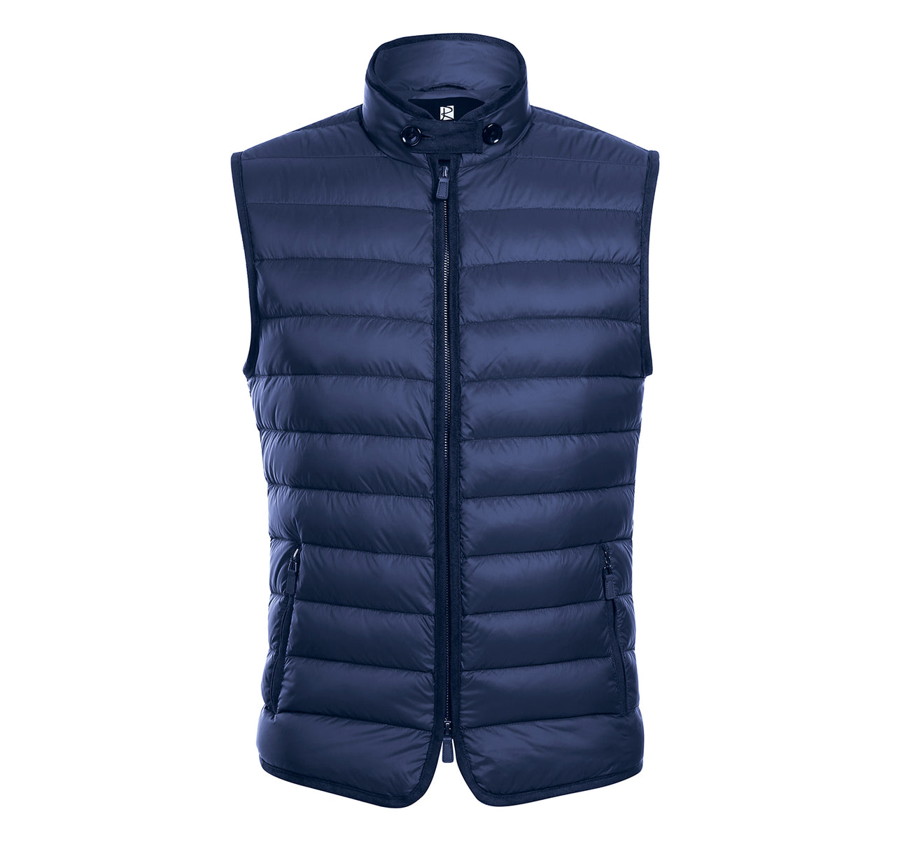 A Renoir Alessandro Vitello Jonathan Nylon Down Blue Vest 831-10, designed with a high collar, front zipper, and two side pockets.