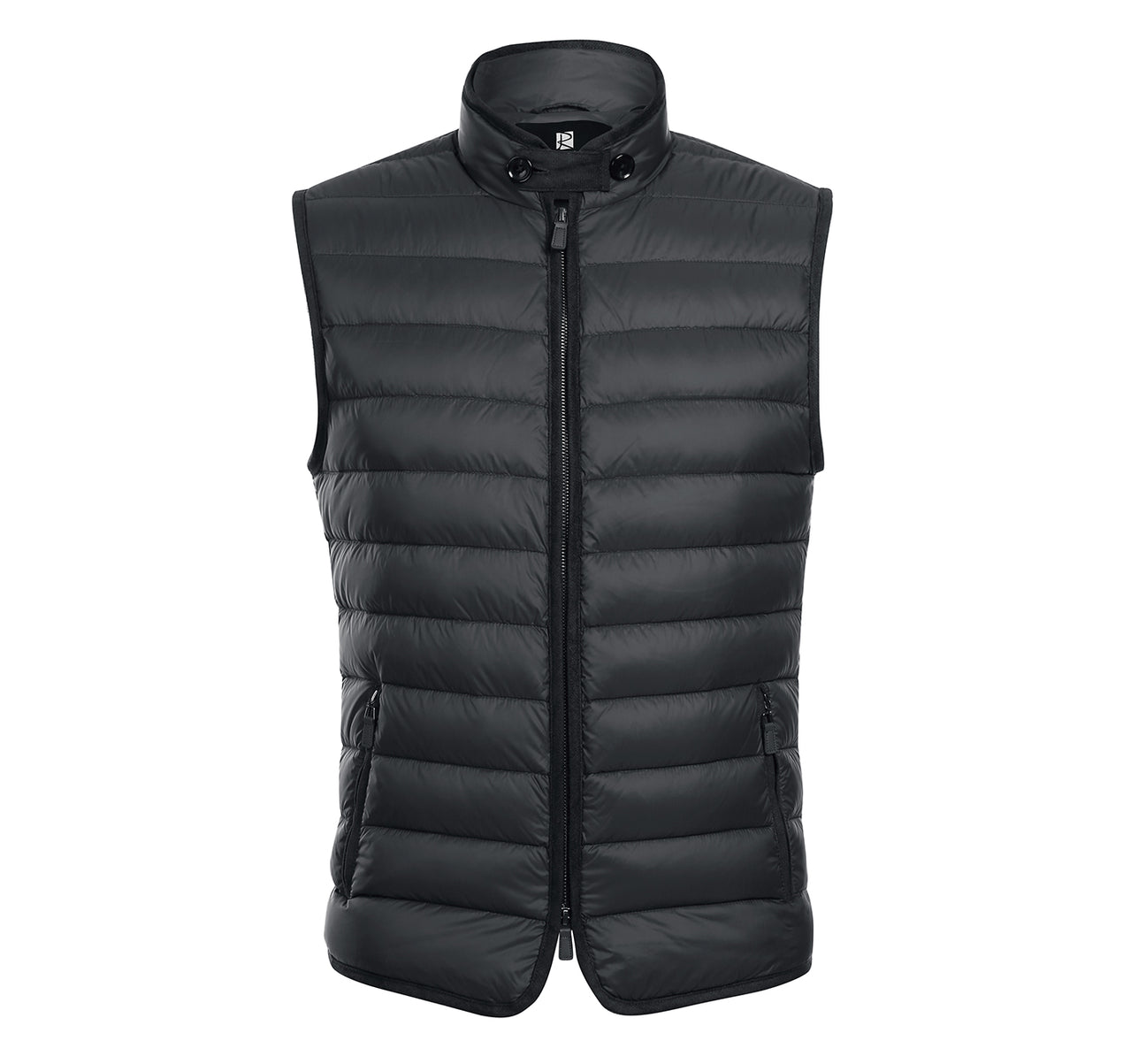 Explore the Alessandro Vitello by Renoir Jonathan Nylon Down Black Vest 831-11, a sleeveless vest featuring a high collar and front zipper—ideal for layering on chilly winter days.