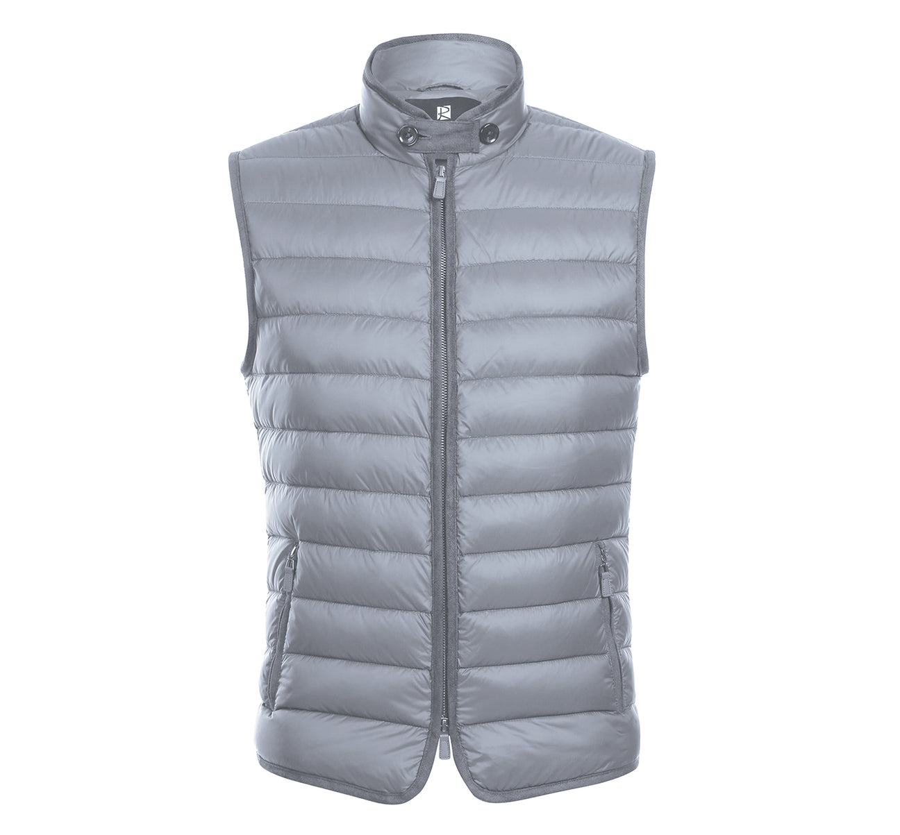 The Alessandro Vitello by Renoir Jonathan Nylon Down Grey Vest 831-2, featuring a high collar and front zipper, is showcased against a white background, making it ideal for braving winter chills.