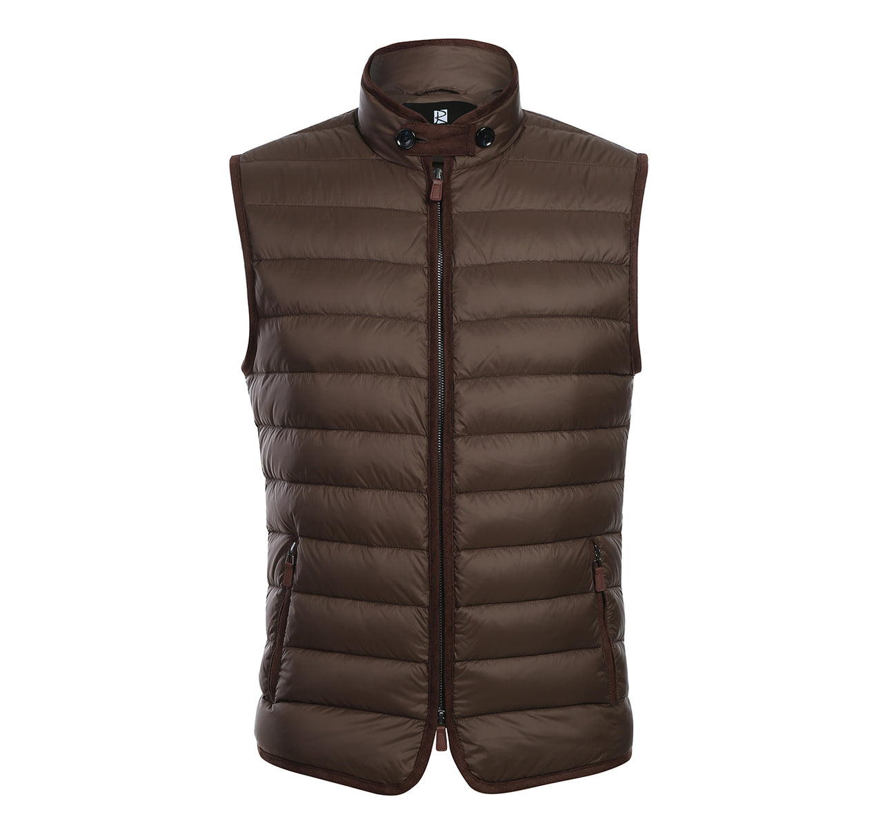 Introducing the Renoir Alessandro Vitello by Renoir Jonathan Nylon Down Brown Vest 831-3, a cozy brown quilted puffer vest filled with goose down. It features a high collar and front zipper closure, making it the perfect choice to keep warm during chilly winter days.