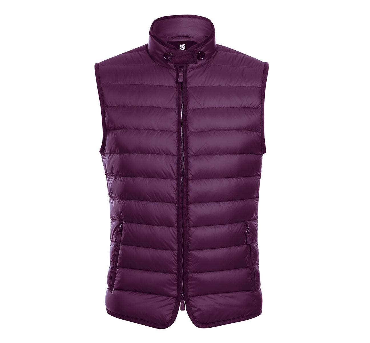 The Alessandro Vitello by Renoir Jonathan Nylon Down Berry Vest 831-7 is a stylish purple vest made from durable nylon, featuring a sleeveless design, high-neck collar, and front zipper.