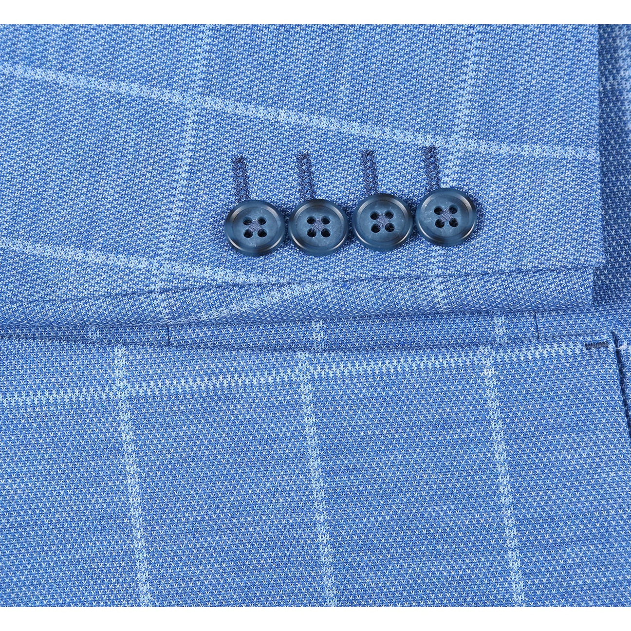 The Pellagio Blue Plaid Men's Half Canvas Blazer PS23-6 by Pellagio features a blue checkered design, slim fit, floral lining, and pocket square in a single-breasted style for enhanced structure.