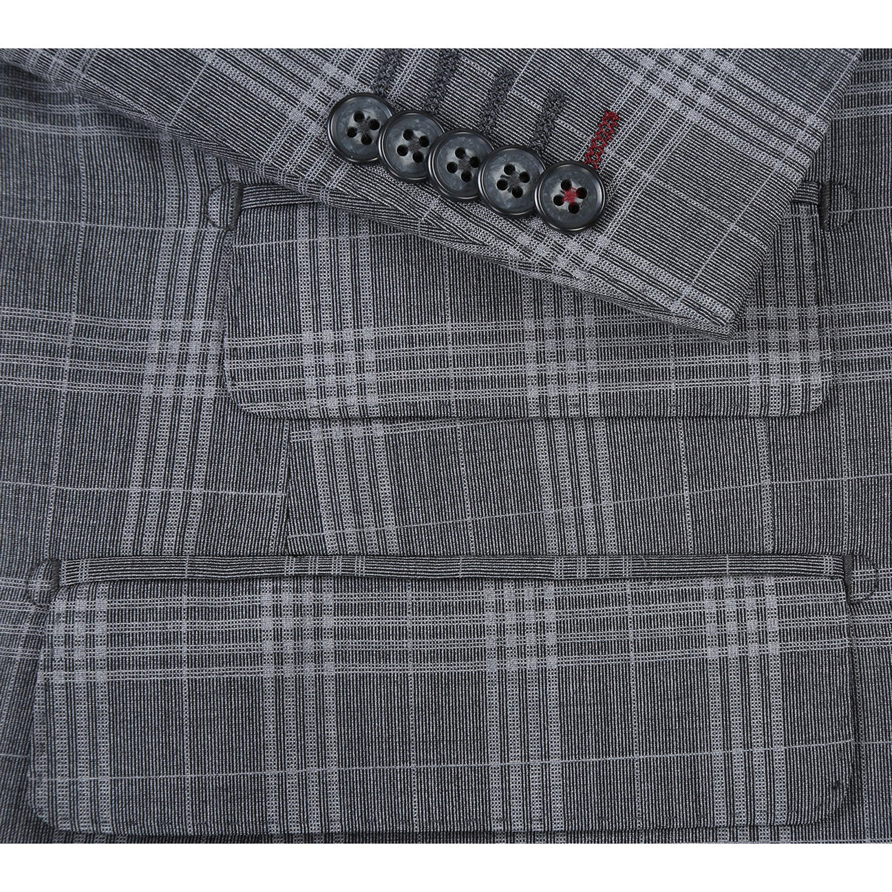 A slim fit jacket from English Laundry, specifically the ENGLISH LAUNDRY Gray Check Peak Wool Suit (EL72-58-093), featuring a peak lapel and two-button closure, elegantly complemented by a white shirt and an orange patterned tie, displayed on a mannequin.