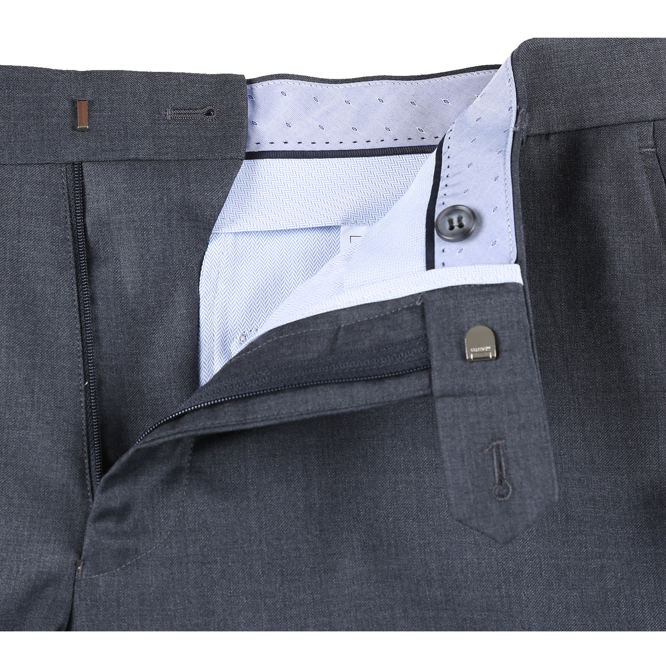 On a mannequin, the RIVELINO Modern Fit Gray Half-Canvas Suit RHC100-4 by Rivelino, crafted from 100% wool, is paired elegantly with a crisp white shirt and a blue striped tie for a sleek look.