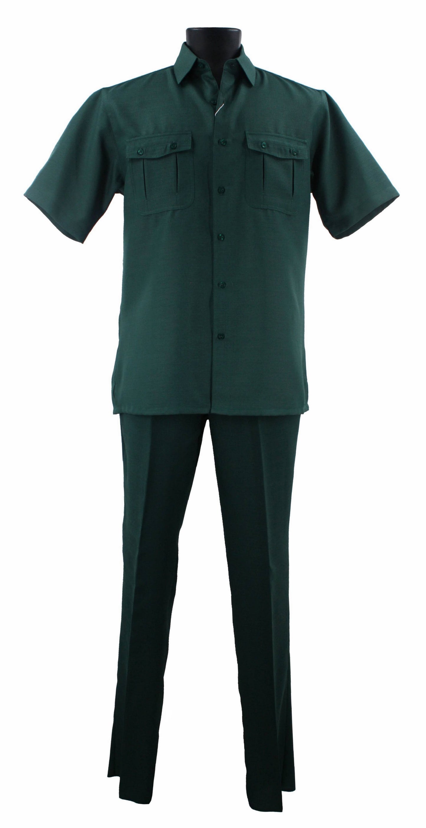 A mannequin features the Bassiri Emerald Green 2pc Set A 138, which includes a polyester, short-sleeved button-up shirt with two chest pockets and matching trousers.