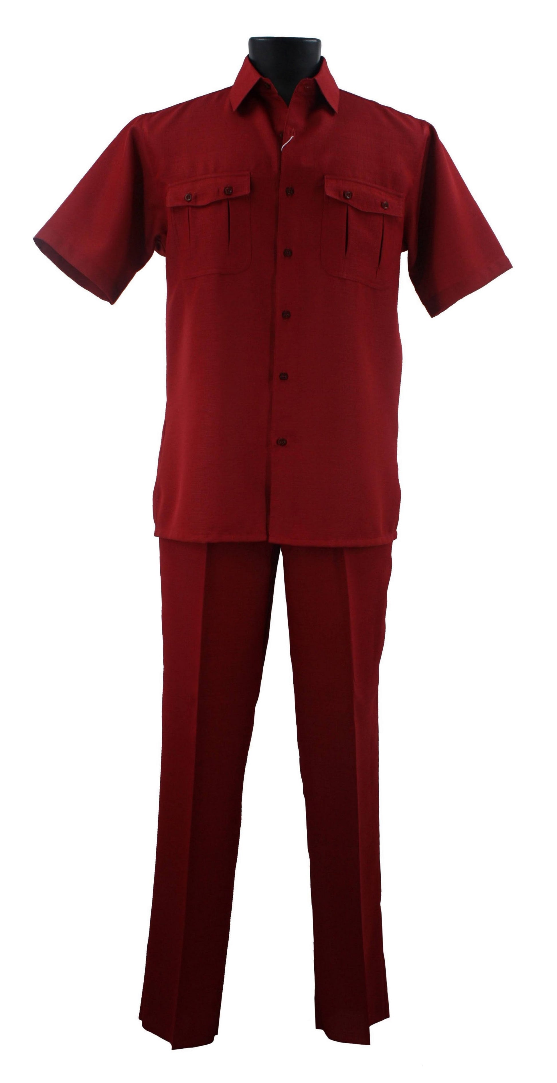 A red polyester short-sleeve shirt matched with trousers, stylishly showcased on a black mannequin torso, representing the Bassiri Red 2pc Set A 138 by Bassiri.