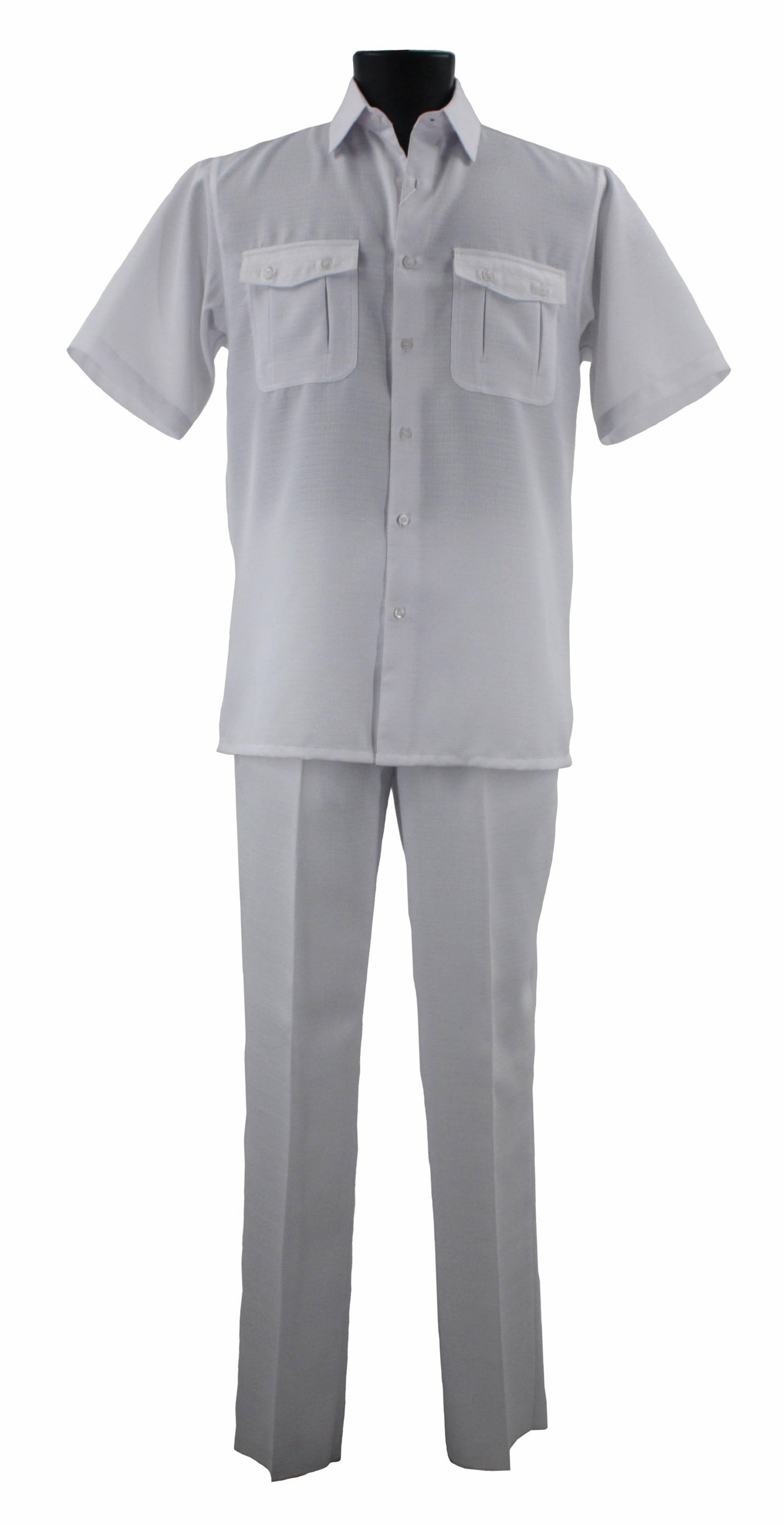 Displayed on a mannequin, the Bassiri White 2pc Set A 138 by Bassiri features a white short-sleeve button-up shirt crafted in polyester with two front pockets, paired with matching white trousers, adding a touch of subtle elegance.