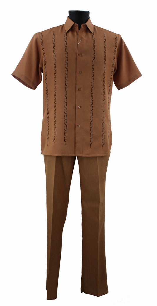 A mannequin displays the Bassiri Gold 2pc Set A 139, featuring a brown polyester shirt with short sleeves and vertical patterns, paired with matching brown pants.