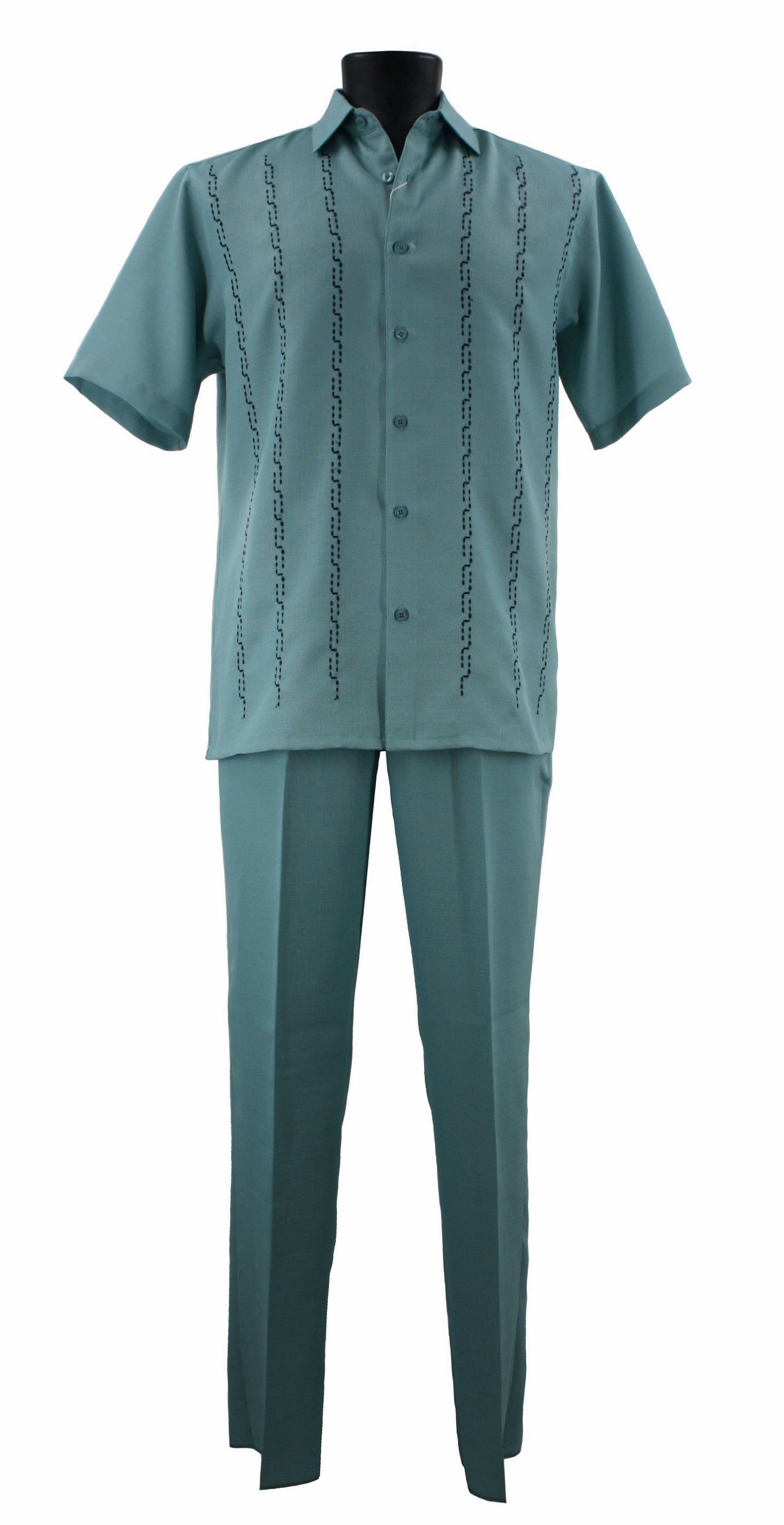 Displayed on a mannequin is the Bassiri Light Teal 2pc Set A 139, which includes a short-sleeved shirt and matching pants. This ensemble, made from 100% polyester by the brand Bassiri, features elegantly embroidered vertical patterns.