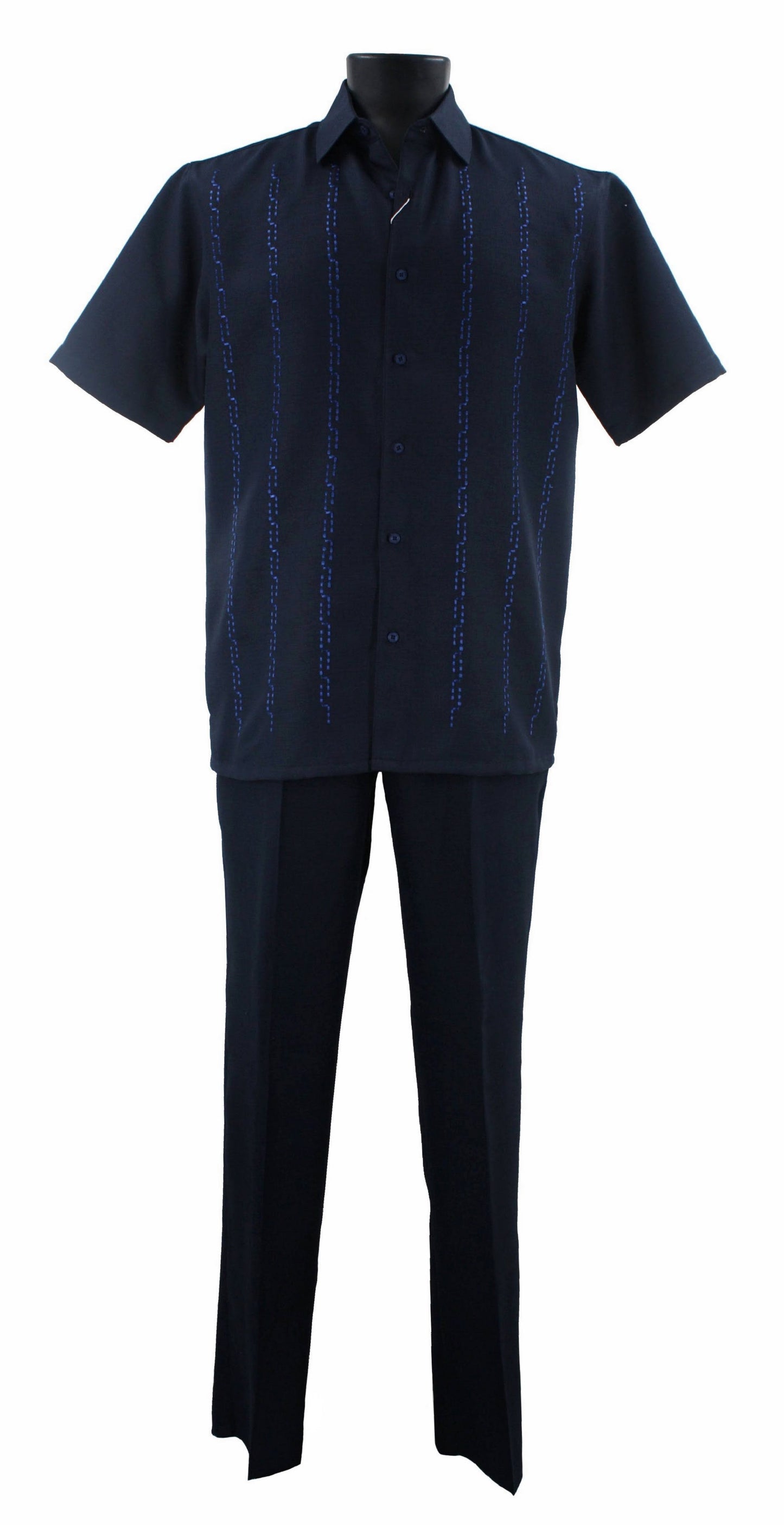 The Bassiri Navy 2pc Set A 139, created by Bassiri, includes a navy short-sleeve shirt made from 100% polyester with embroidered vertical lines and is stylishly paired with matching navy trousers displayed on a mannequin.