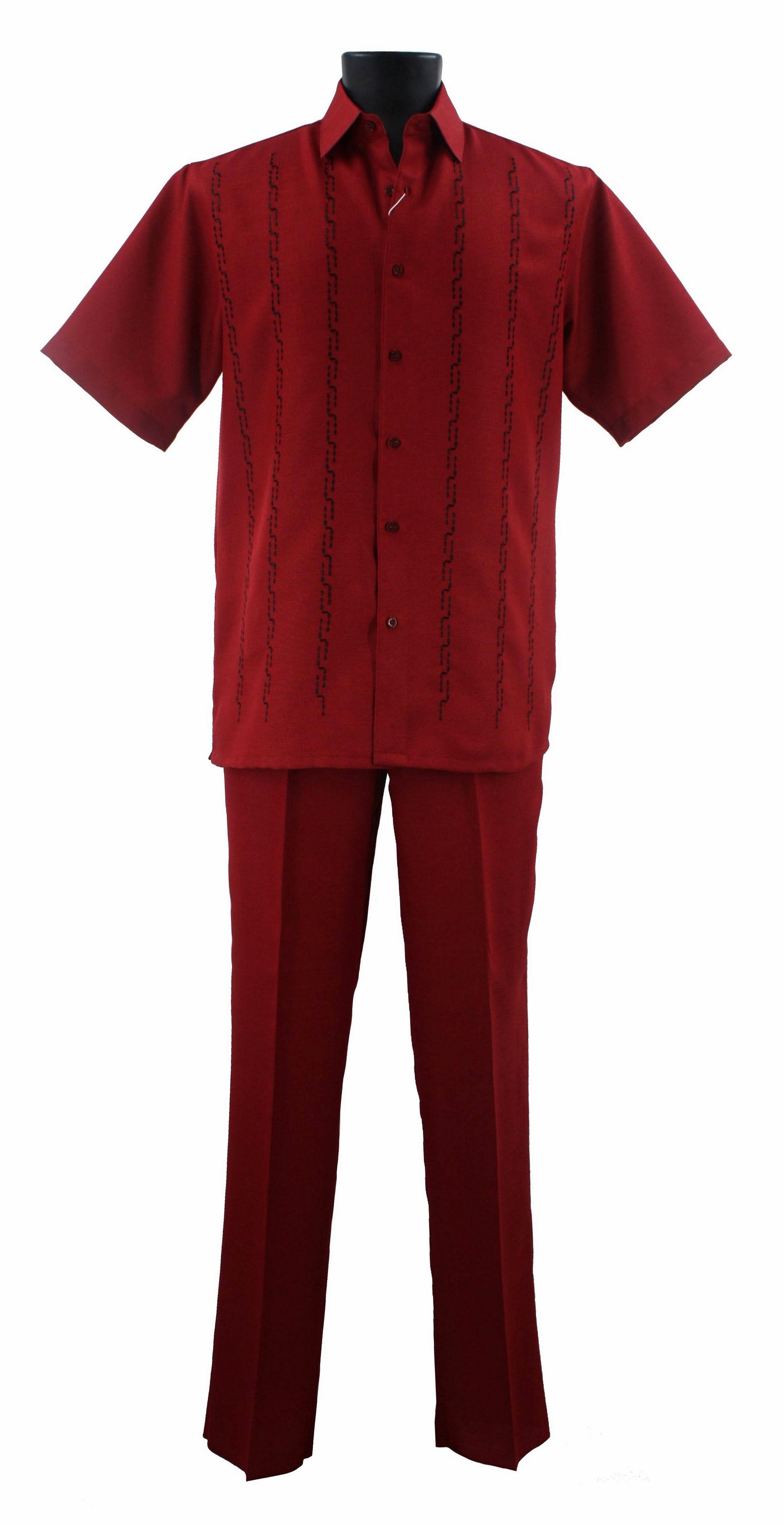 The mannequin showcases the Bassiri Red 2pc Set A 139, featuring a stylish red short-sleeve button-up shirt with a chain-like pattern and matching red polyester trousers. Look for A 139 to find this chic ensemble effortlessly.