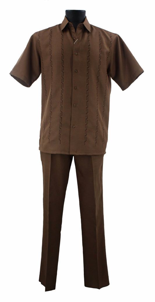 Showcased on the mannequin is the Bassiri Toast 2pc Set A 139, featuring a chic brown short-sleeve button-up shirt paired with matching pants. This ensemble is crafted from durable polyester and showcases a stylish vertical stitched pattern.