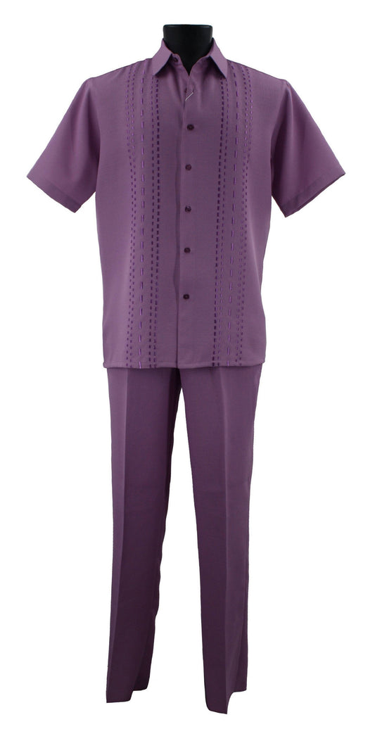 The Bassiri Lilac 2pc Set A 140 from the brand Bassiri, with short sleeves and vertical decorative stitching on the shirt, is displayed on a black mannequin.