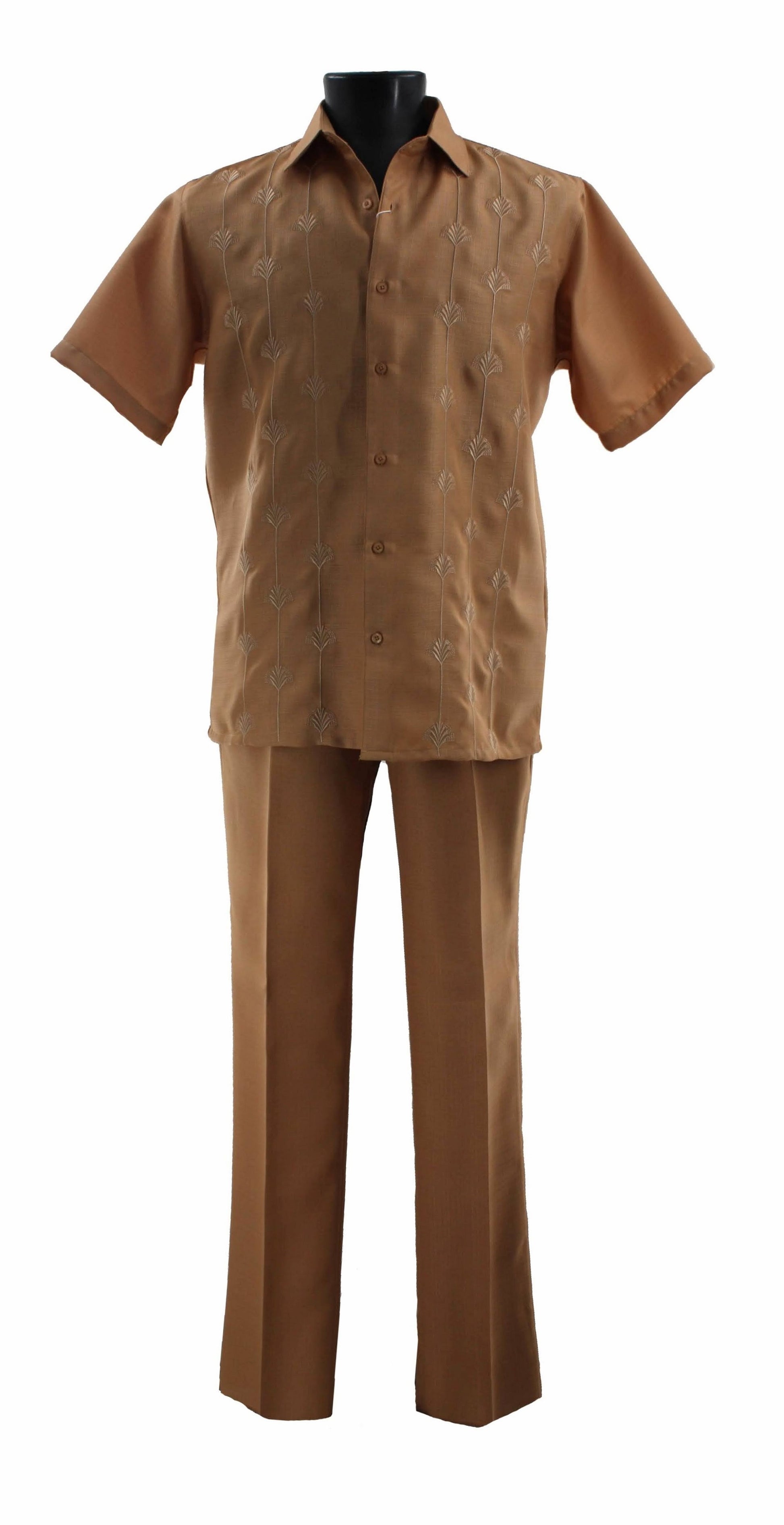 A mannequin displays the Bassiri Gold 2pc Set A 141, featuring a soft polyester brown short-sleeve button-up shirt adorned with embroidered designs, flawlessly paired with matching brown pants for a classic and cohesive look.