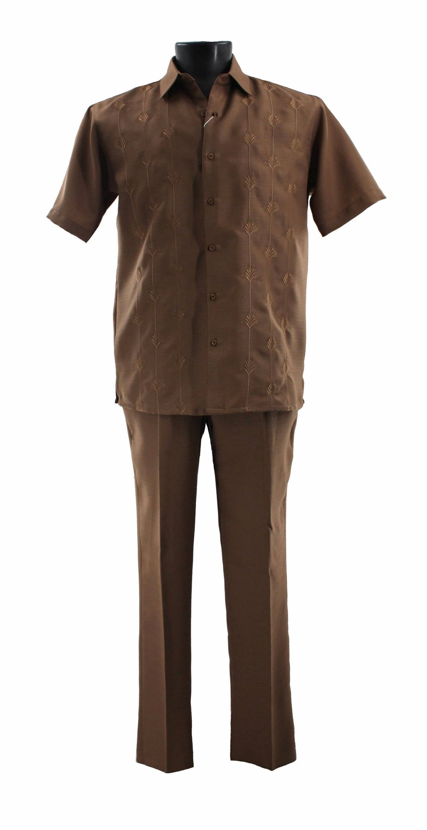 The Bassiri Toast 2pc Set A 141 by Bassiri, a brown ensemble made from polyester, includes a short-sleeve button-up shirt with embroidery and coordinating trousers, showcased on a mannequin.