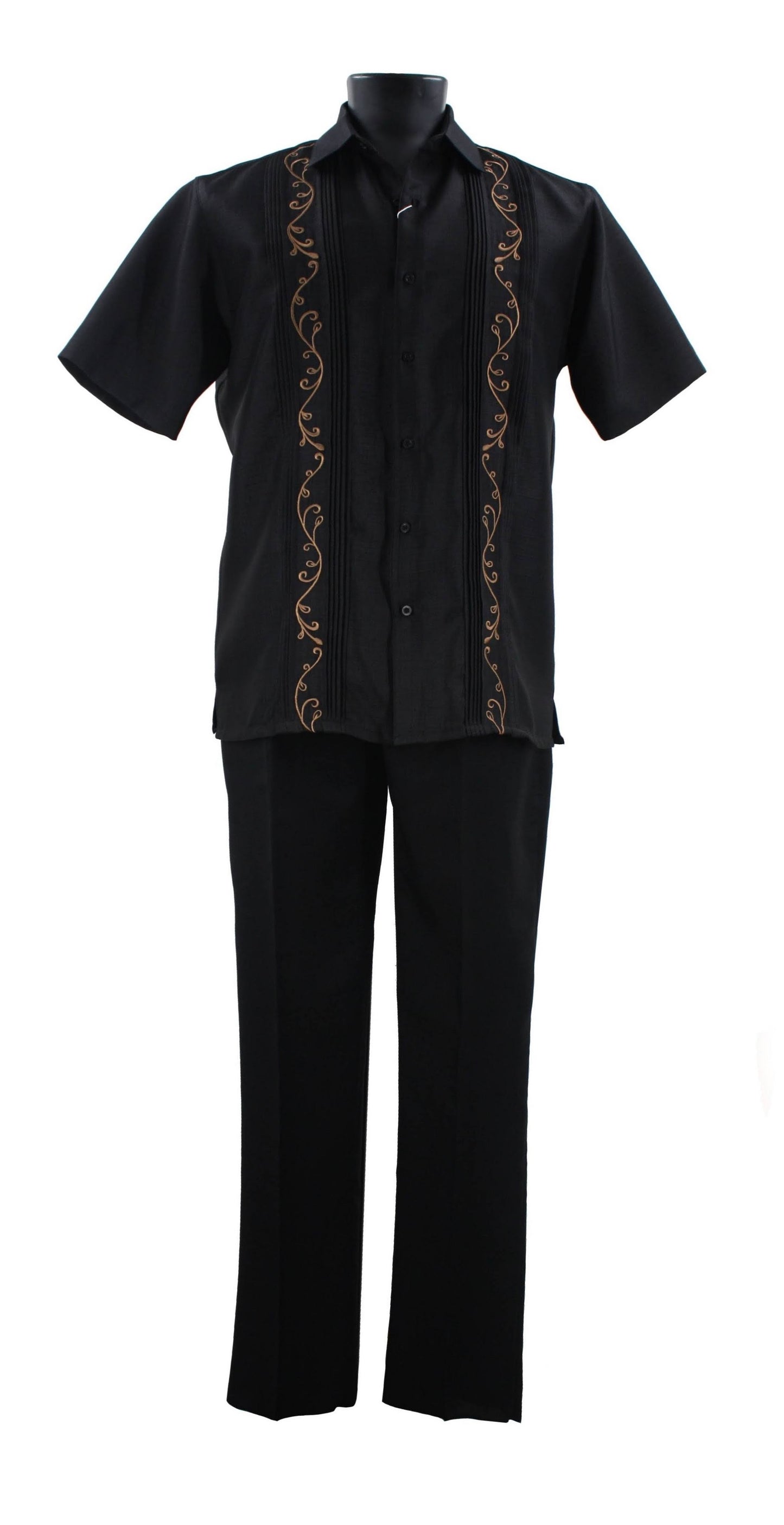 The Bassiri Black 2pc Set A 142, featuring a black polyester short-sleeve shirt with brown embroidery and matching black pants, is stylishly displayed on a mannequin.