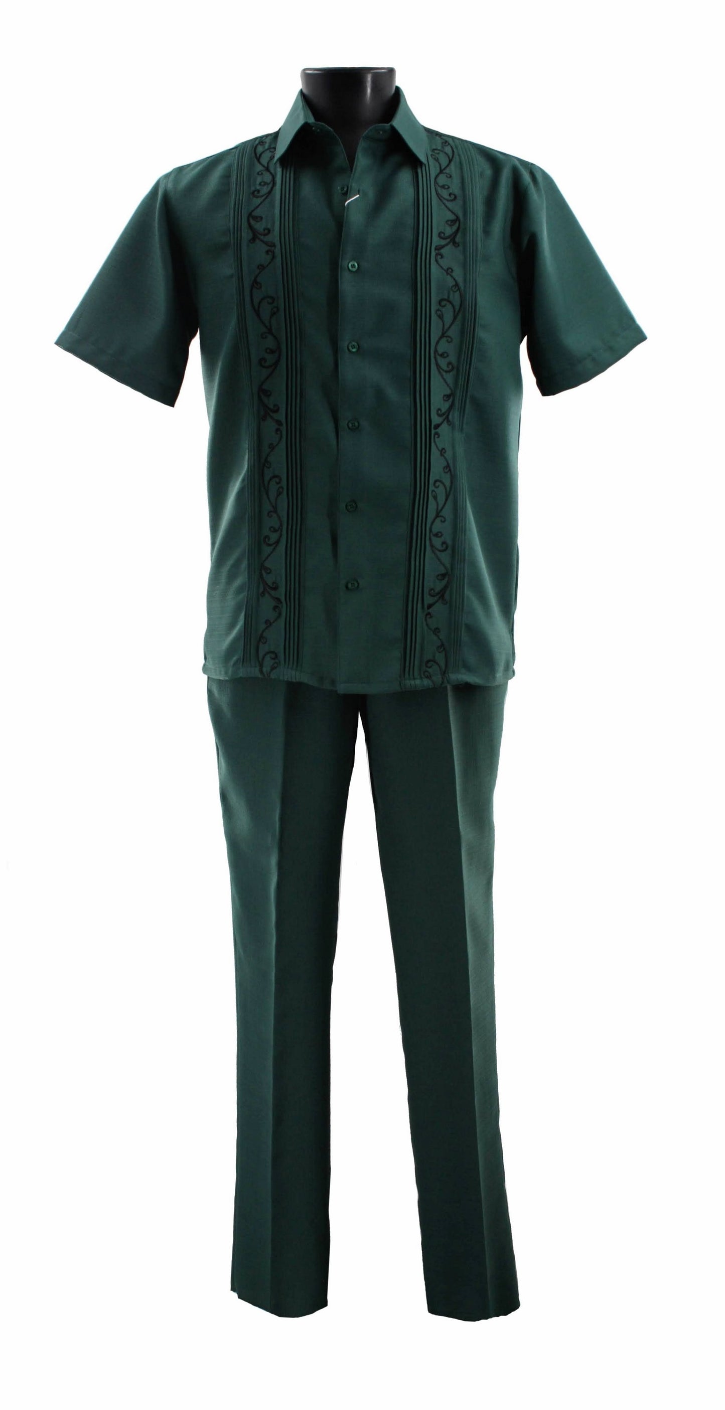 Introducing the Bassiri Emerald 2pc Set A 142: a sophisticated guayabera shirt in dark green, crafted from premium polyester and featuring intricate embroidered patterns. Accompanied by matching trousers, this ensemble from Bassiri is elegantly showcased on a black mannequin for a timeless presentation.