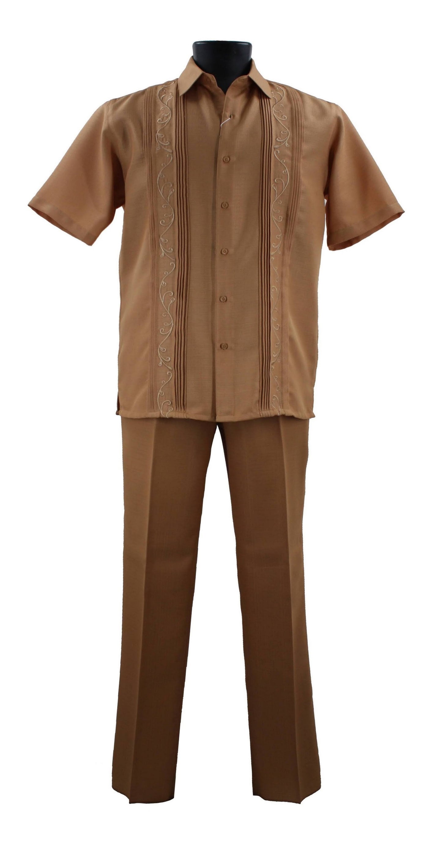 The Bassiri Gold 2pc Set A 142 is a sleek and comfortable outfit made of polyester, featuring a brown shirt and pants.