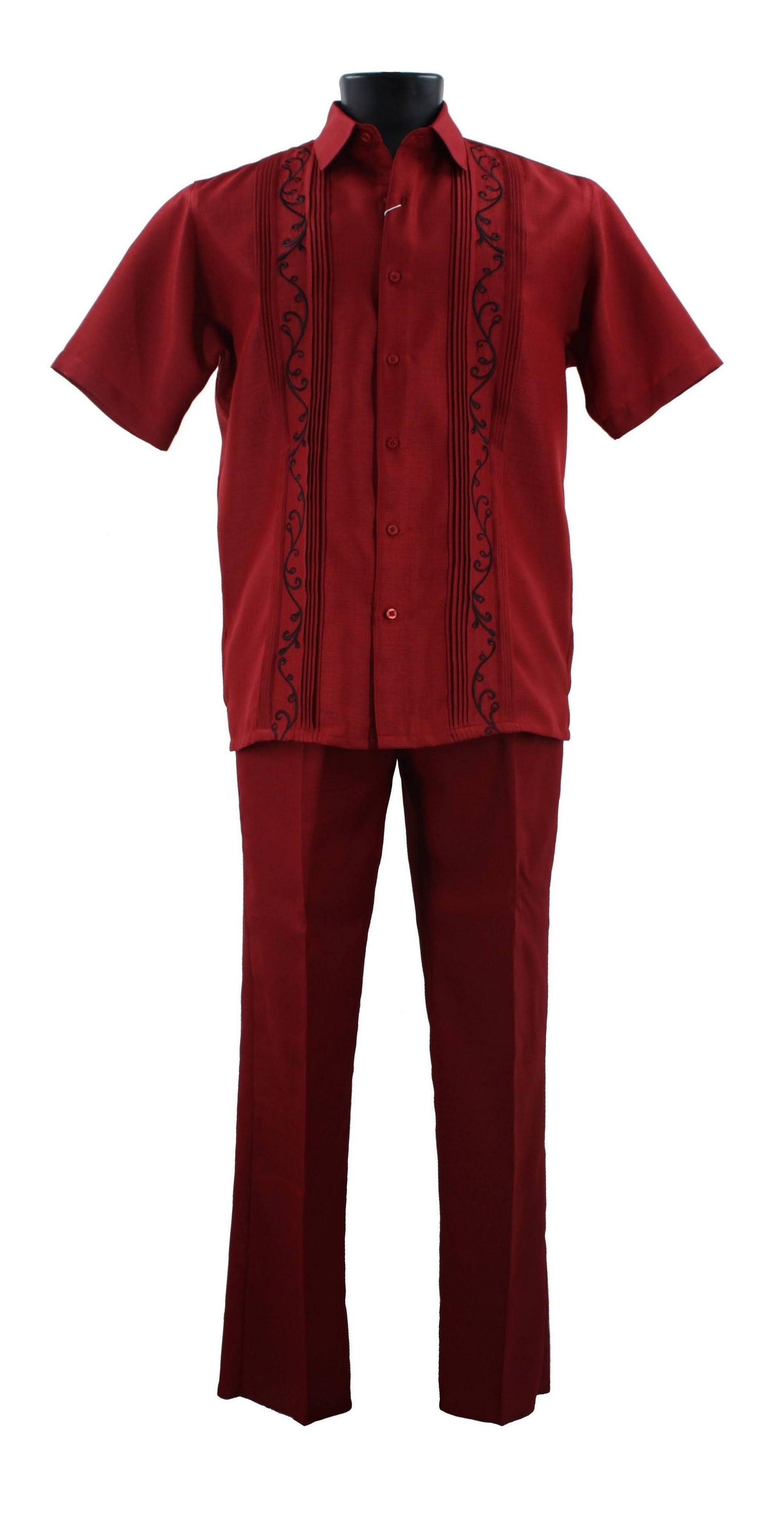 The Bassiri Red 2pc Set A 142 by Bassiri is a fashionable two-piece outfit made from durable polyester, consisting of a short-sleeved shirt with embroidered details on the front and long pants.