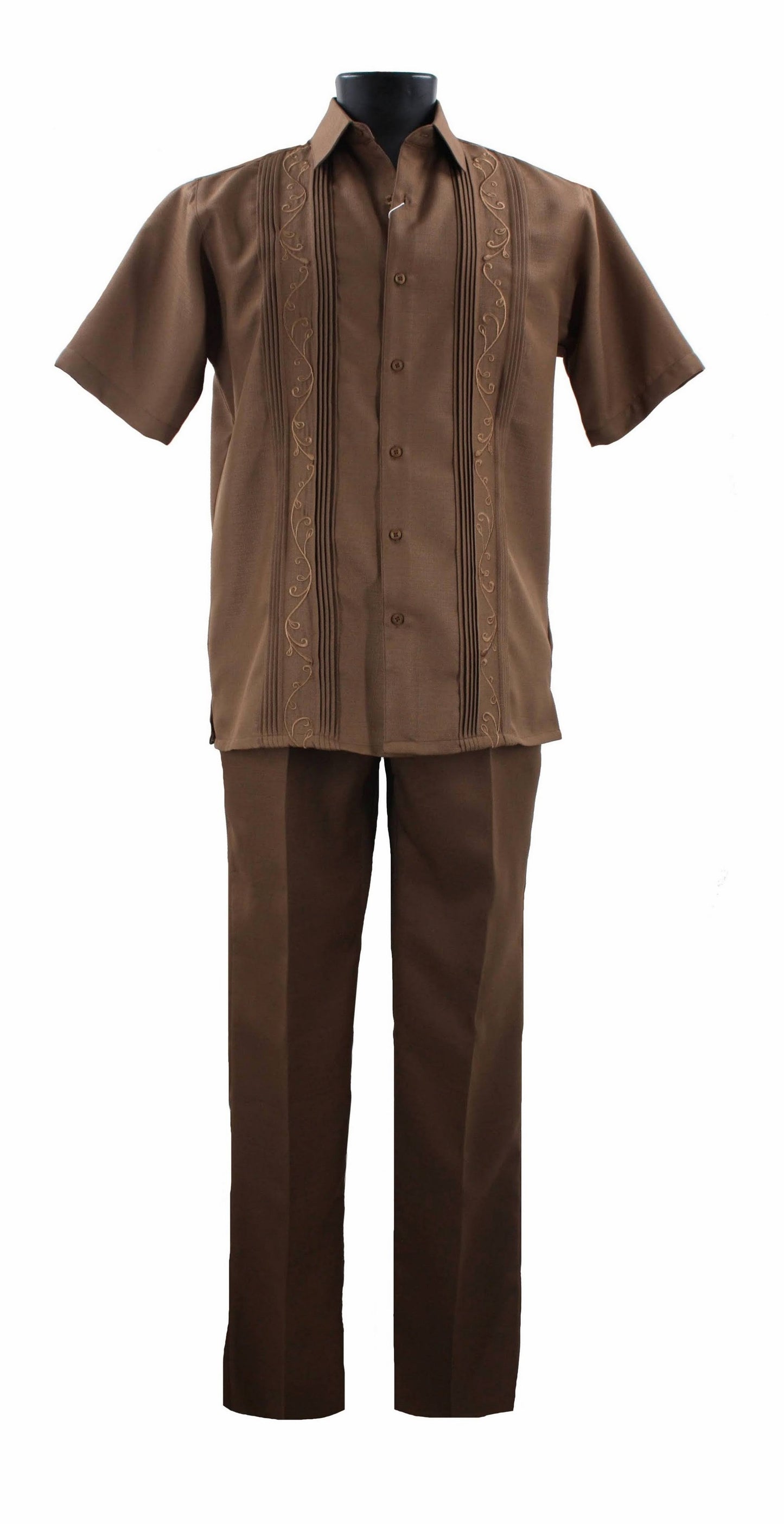 The Bassiri Toast 2pc Set A 142, featuring a brown short-sleeve button-up shirt with vertical embroidery crafted from stylish polyester, paired with matching brown pants, is displayed on a mannequin.