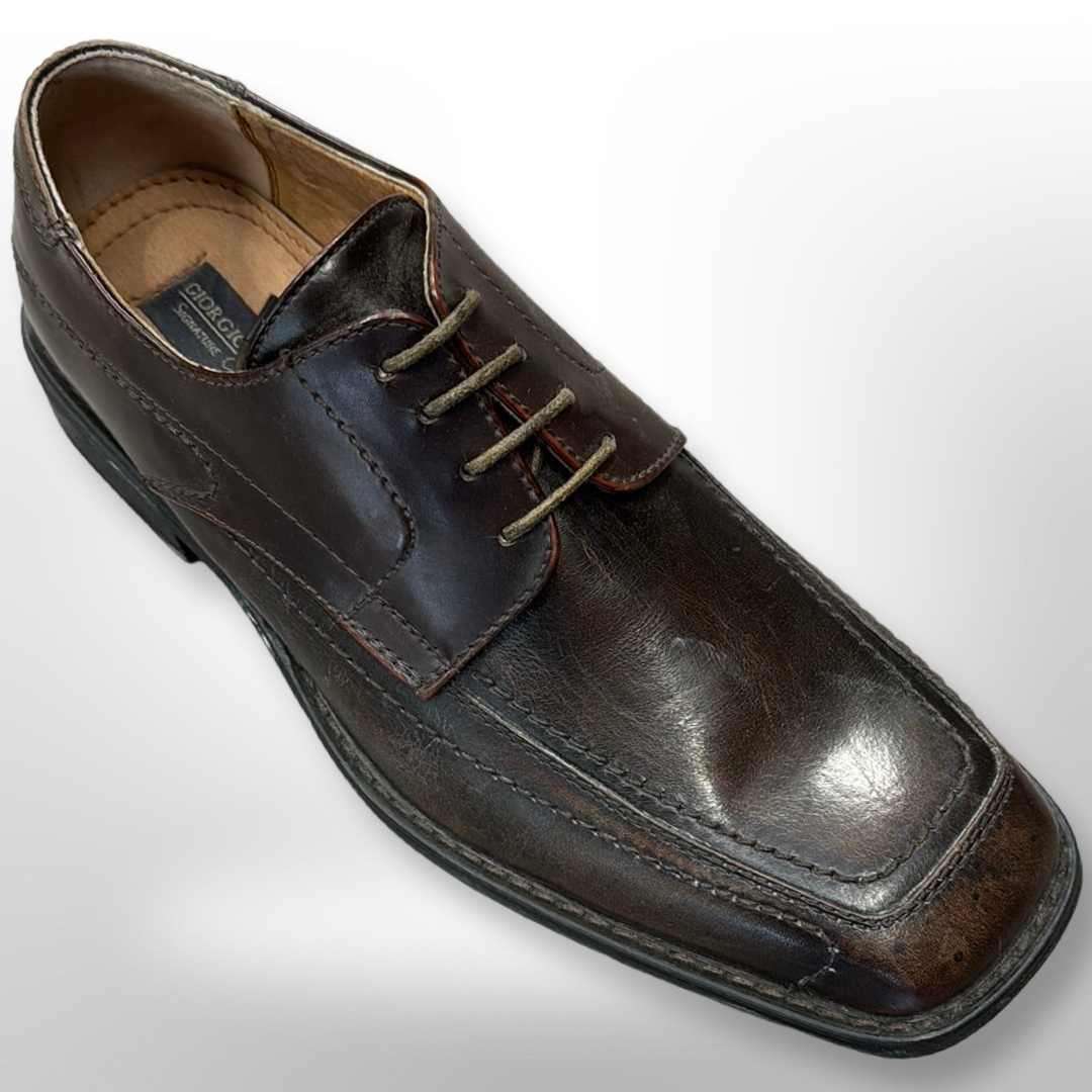 Displayed on a light gray background is Shoe 35 by Fiesso, a brown leather dress shoe with laces, featuring a square toe and visible stitching. Please note: FINAL SALE - NO RETURN or EXCHANGE available for this item, available only in size 9.