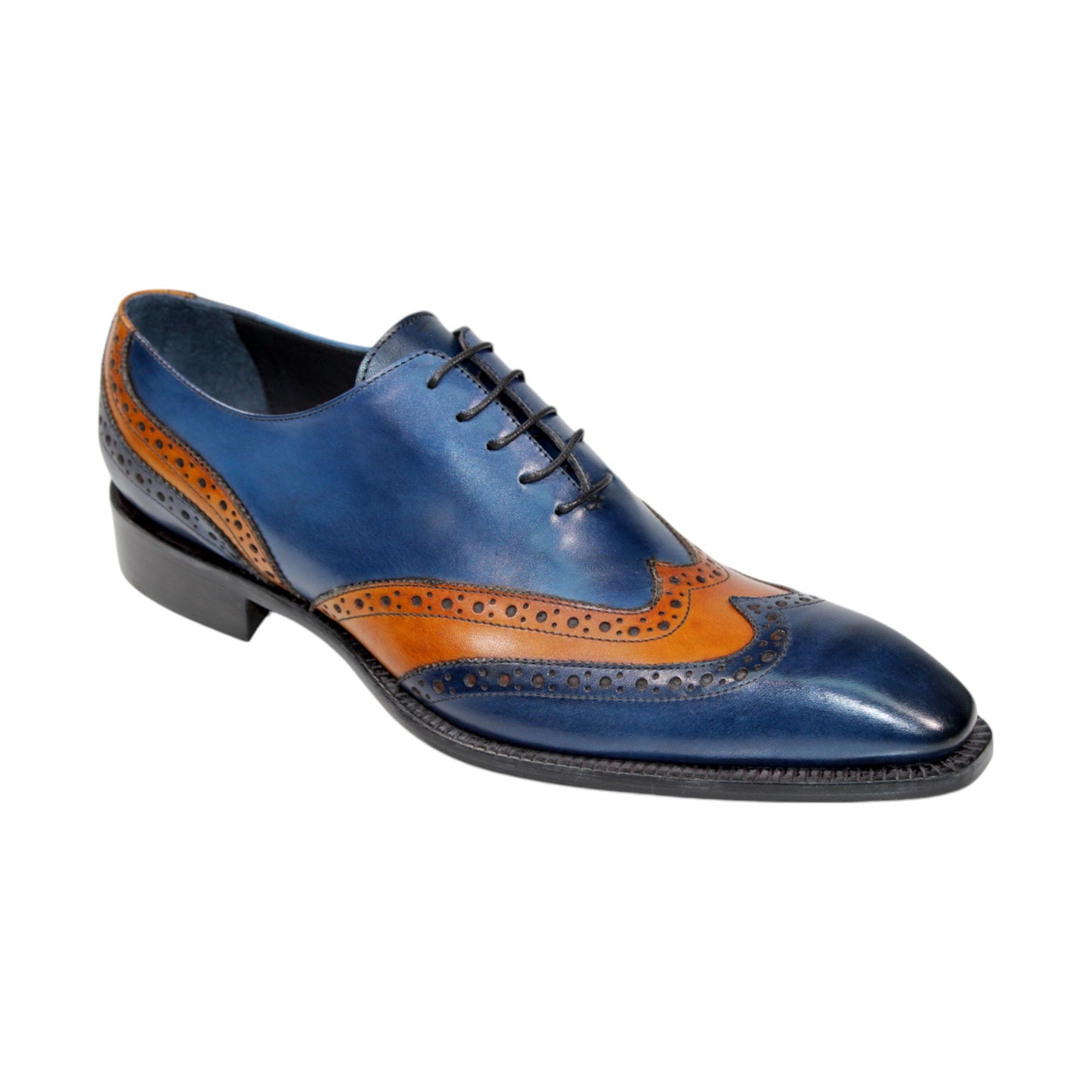 The Duca Di Matiste Andora dress shoe in navy and gold is an Italian leather masterpiece, featuring brogue detailing and black laces, crafted with precision in Italy by Duca Di Matiste.