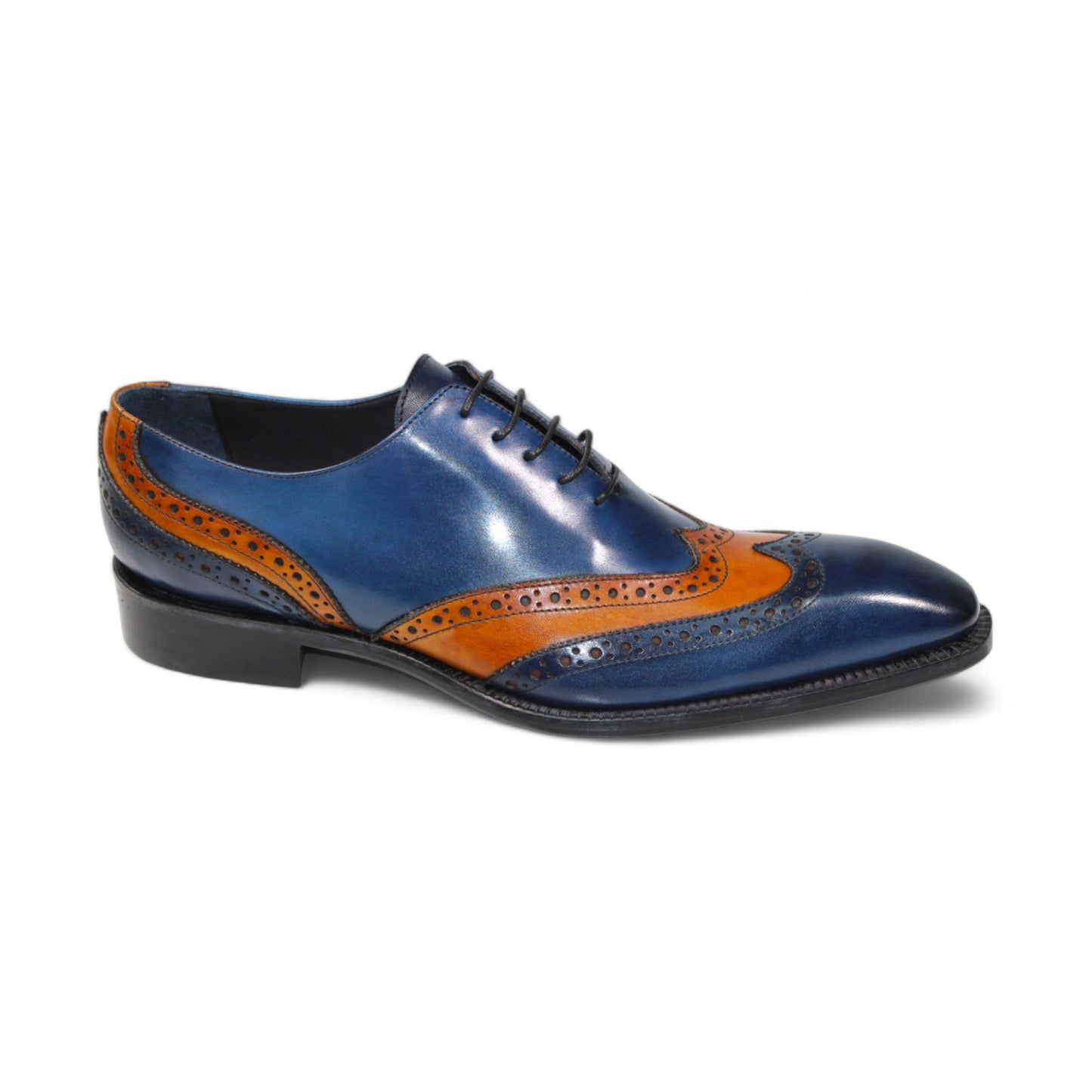 The Duca Di Matiste Andora dress shoe in navy and gold is an Italian leather masterpiece, featuring brogue detailing and black laces, crafted with precision in Italy by Duca Di Matiste.