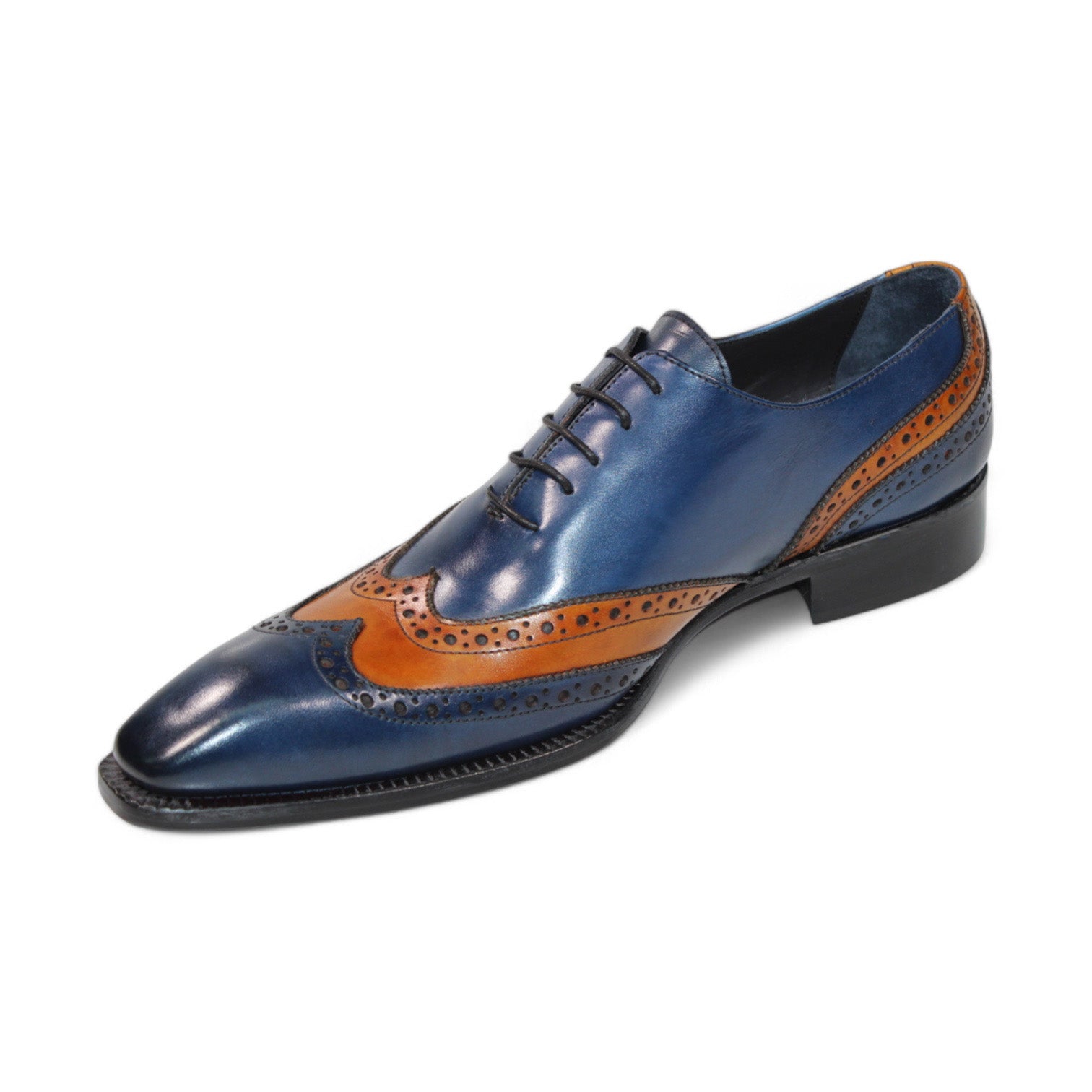 The Duca Di Matiste Andora dress shoe in navy and gold is an Italian leather masterpiece, featuring brogue detailing and black laces, crafted with precision in Italy by Duca Di Matiste.