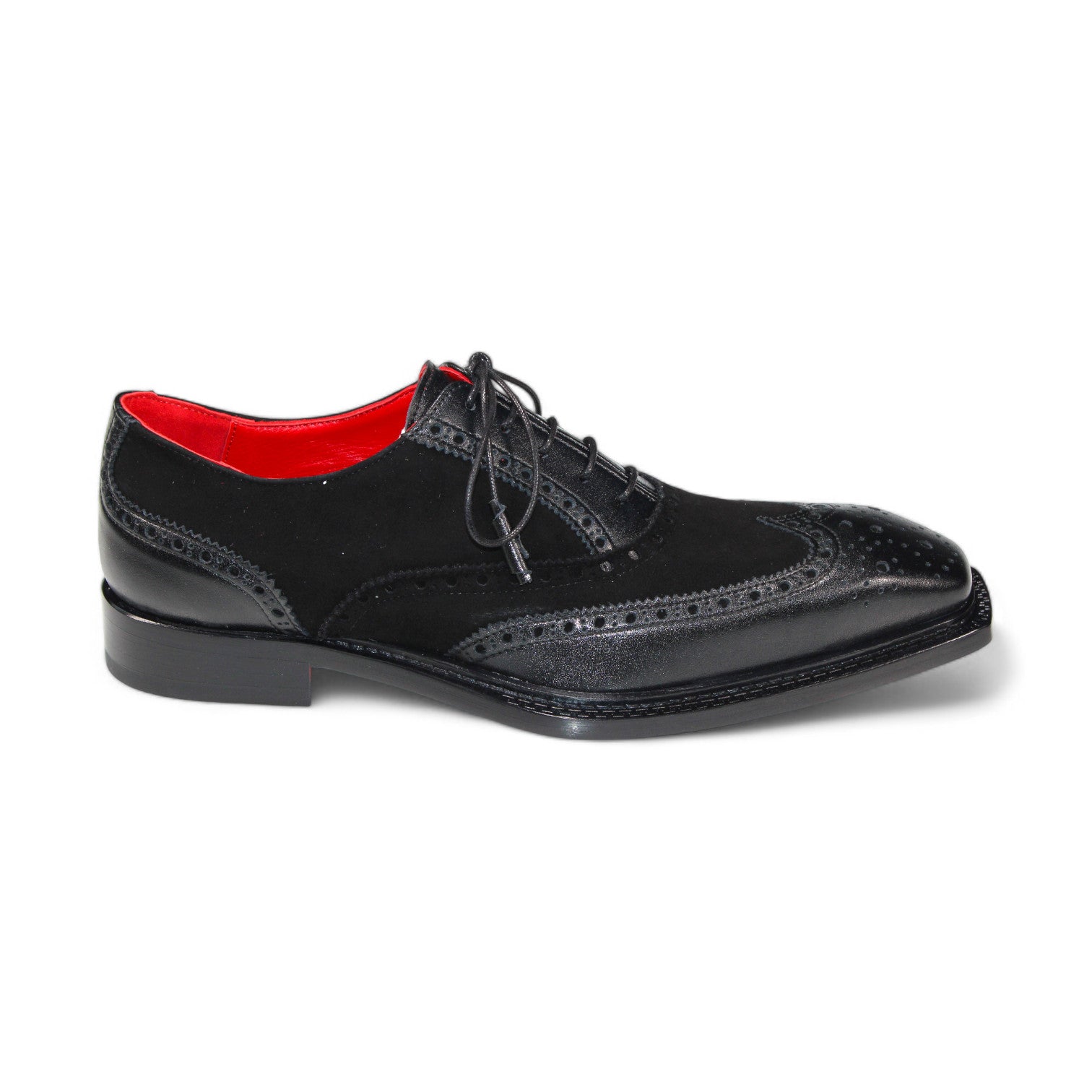 The Emilio Franco "Antonio" Black Shoes are crafted in Italy, featuring a black leather exterior with a red interior. They showcase decorative brogue detailing and laces with a sophisticated square toe design, embodying elegance and craftsmanship.