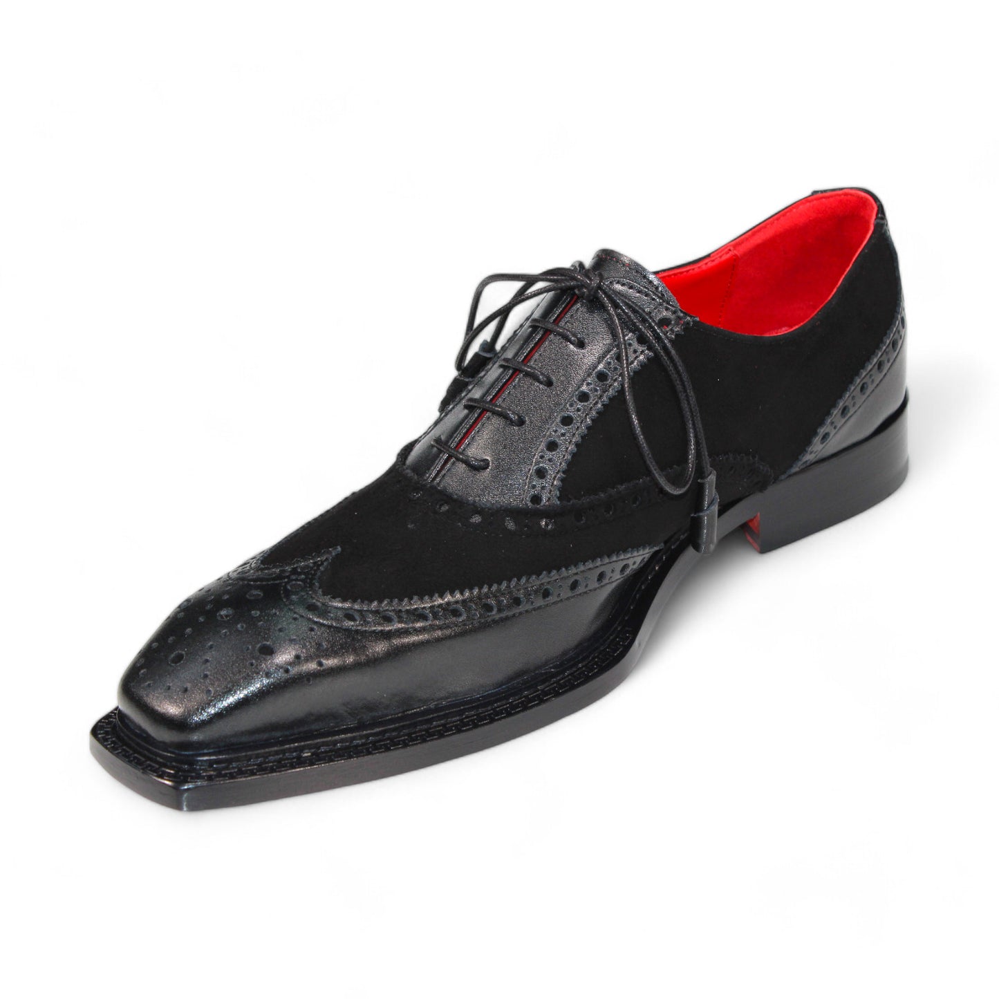 The Emilio Franco "Antonio" Black Shoes are crafted in Italy, featuring a black leather exterior with a red interior. They showcase decorative brogue detailing and laces with a sophisticated square toe design, embodying elegance and craftsmanship.