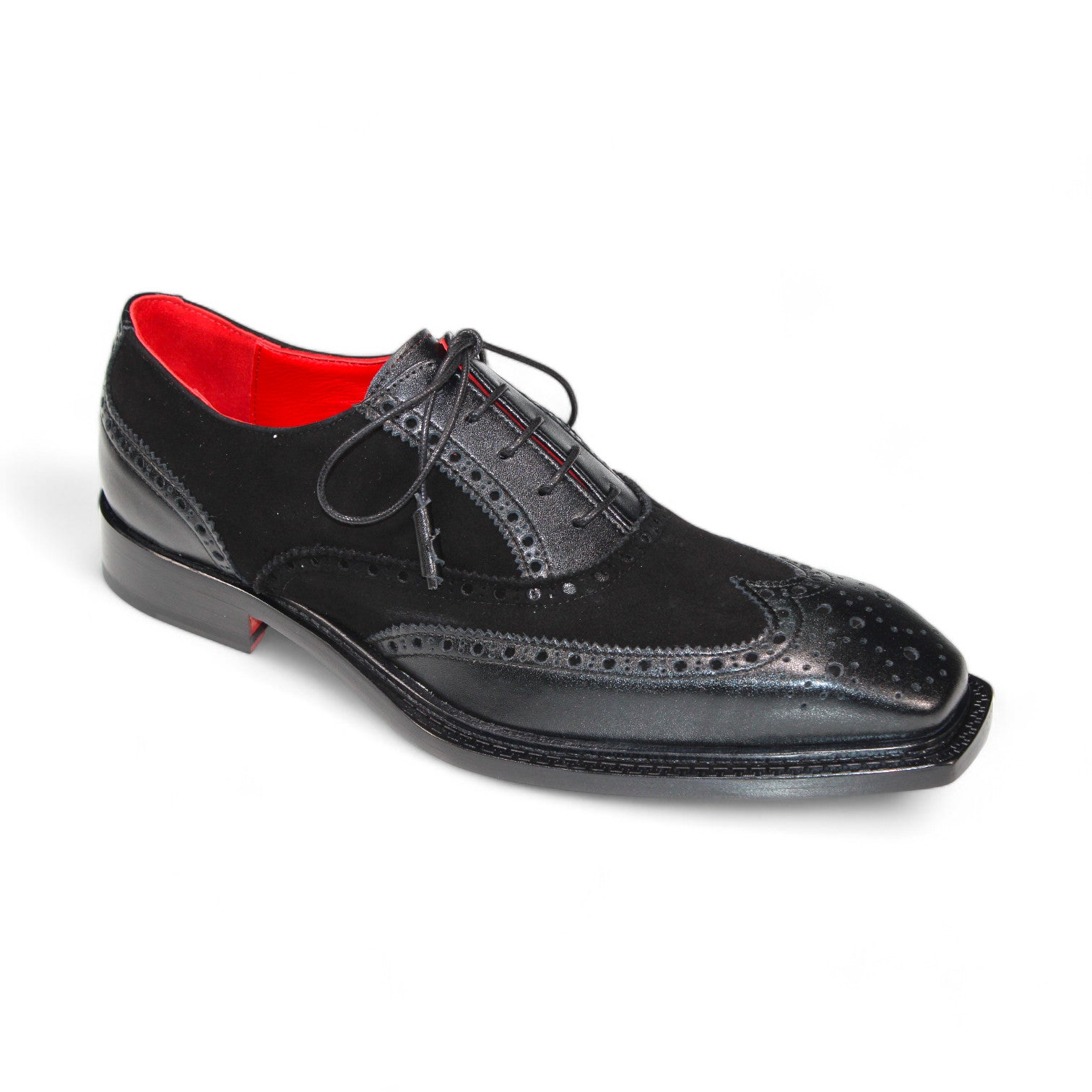 The Emilio Franco "Antonio" Black Shoes are crafted in Italy, featuring a black leather exterior with a red interior. They showcase decorative brogue detailing and laces with a sophisticated square toe design, embodying elegance and craftsmanship.